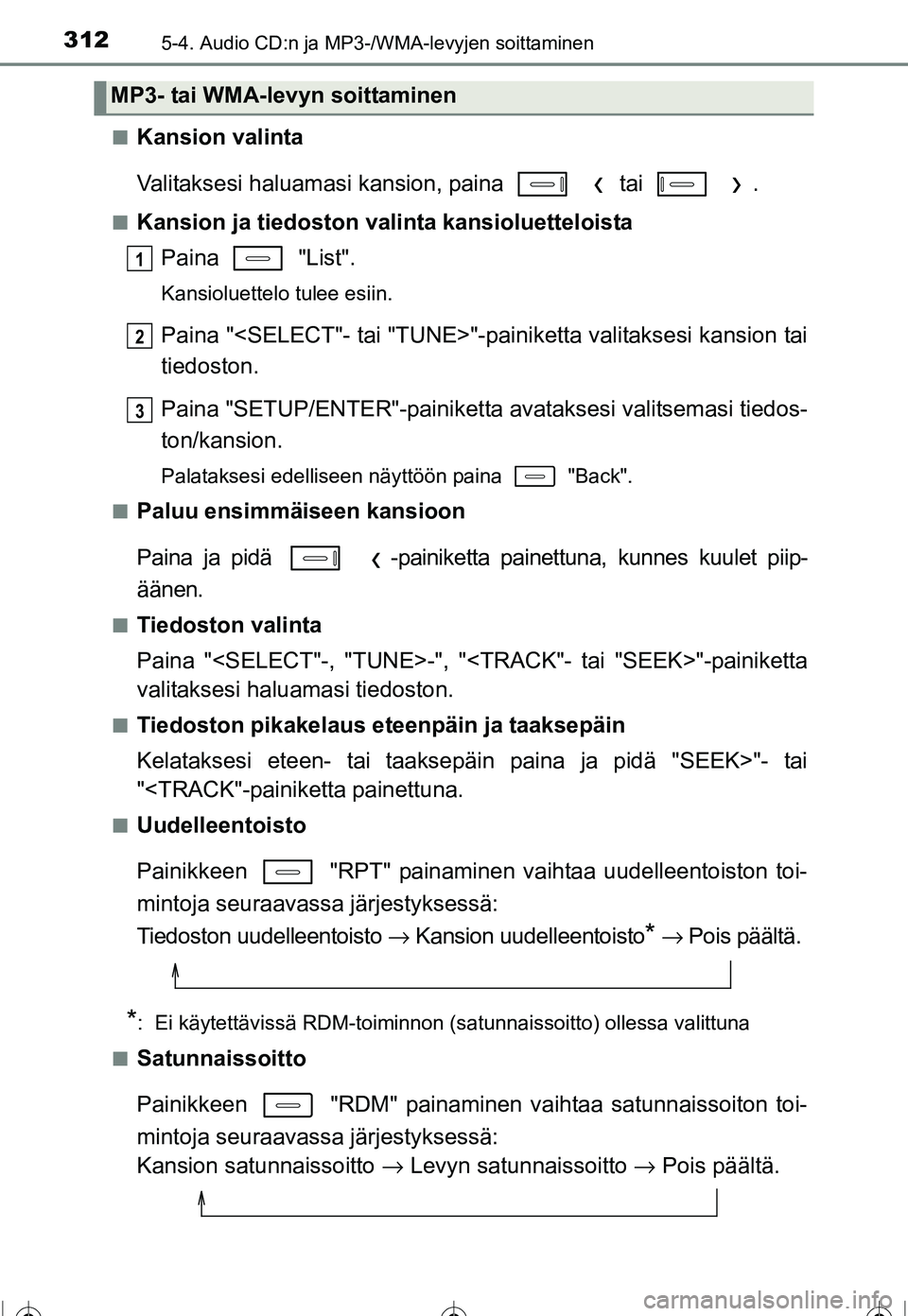 TOYOTA COROLLA 2016  Omistajan Käsikirja (in Finnish) 3125-4. Audio CD:n ja MP3-/WMA-levyjen soittaminen
OM12J90FI■
Kansion valinta
Valitaksesi haluamasi kansion, paina     tai    .
■Kansion ja tiedoston valinta kansioluetteloista
Paina  "List".
Kans