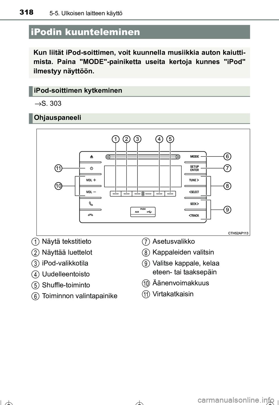 TOYOTA COROLLA 2016  Omistajan Käsikirja (in Finnish) 318
OM12J90FI
5-5. Ulkoisen laitteen käyttö
→S. 303
iPodin kuunteleminen
Kun liität iPod-soittime n, voit kuunnella musiikkia auton kaiutti-
mista. Paina "MODE"-painiketta  useita kertoja kunnes 