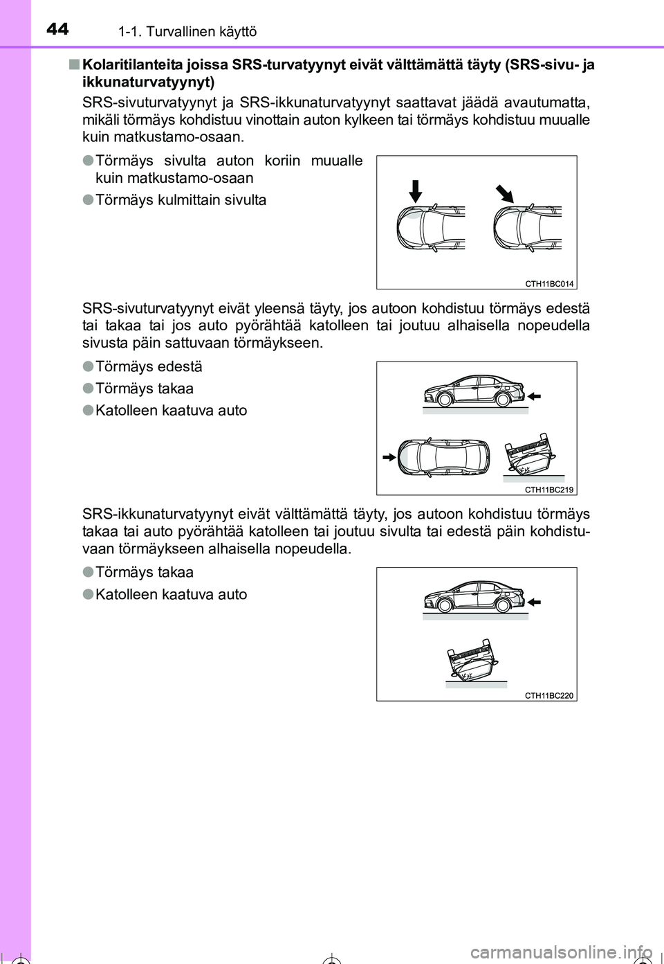 TOYOTA COROLLA 2016  Omistajan Käsikirja (in Finnish) 441-1. Turvallinen käyttö
OM12J90FI■
Kolaritilanteita joissa SRS-turvatyyny t eivät välttämättä täyty (SRS-sivu- ja
ikkunaturvatyynyt)
SRS-sivuturvatyynyt ja SRS-ikkunaturvatyynyt saattavat 
