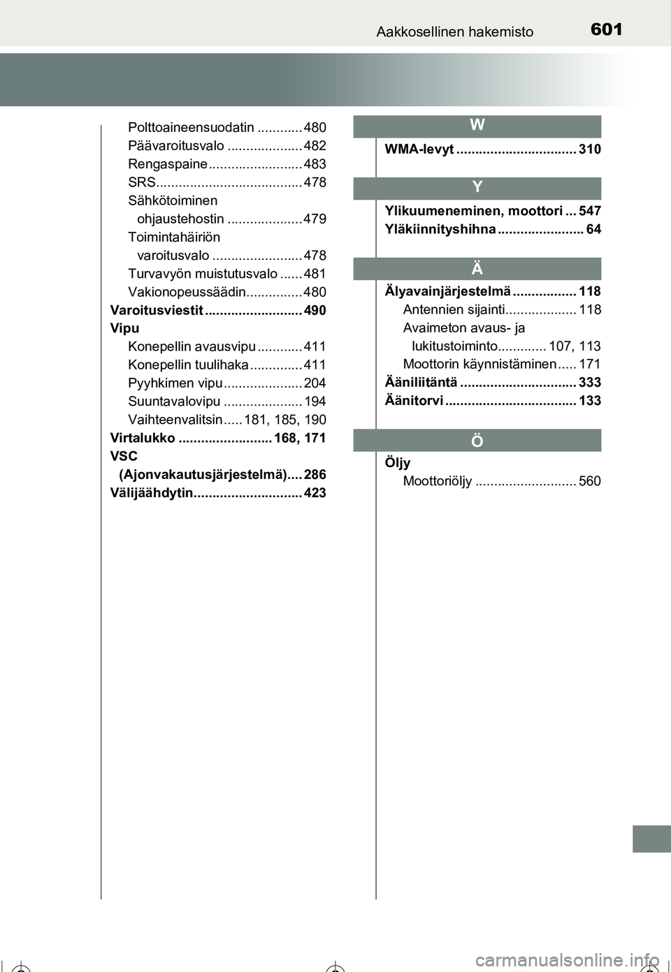 TOYOTA COROLLA 2016  Omistajan Käsikirja (in Finnish) 601Aakkosellinen hakemisto
OM12J90FI
Polttoaineensuodatin ............ 480
Päävaroitusvalo .................... 482
Rengaspaine ......................... 483
SRS.....................................