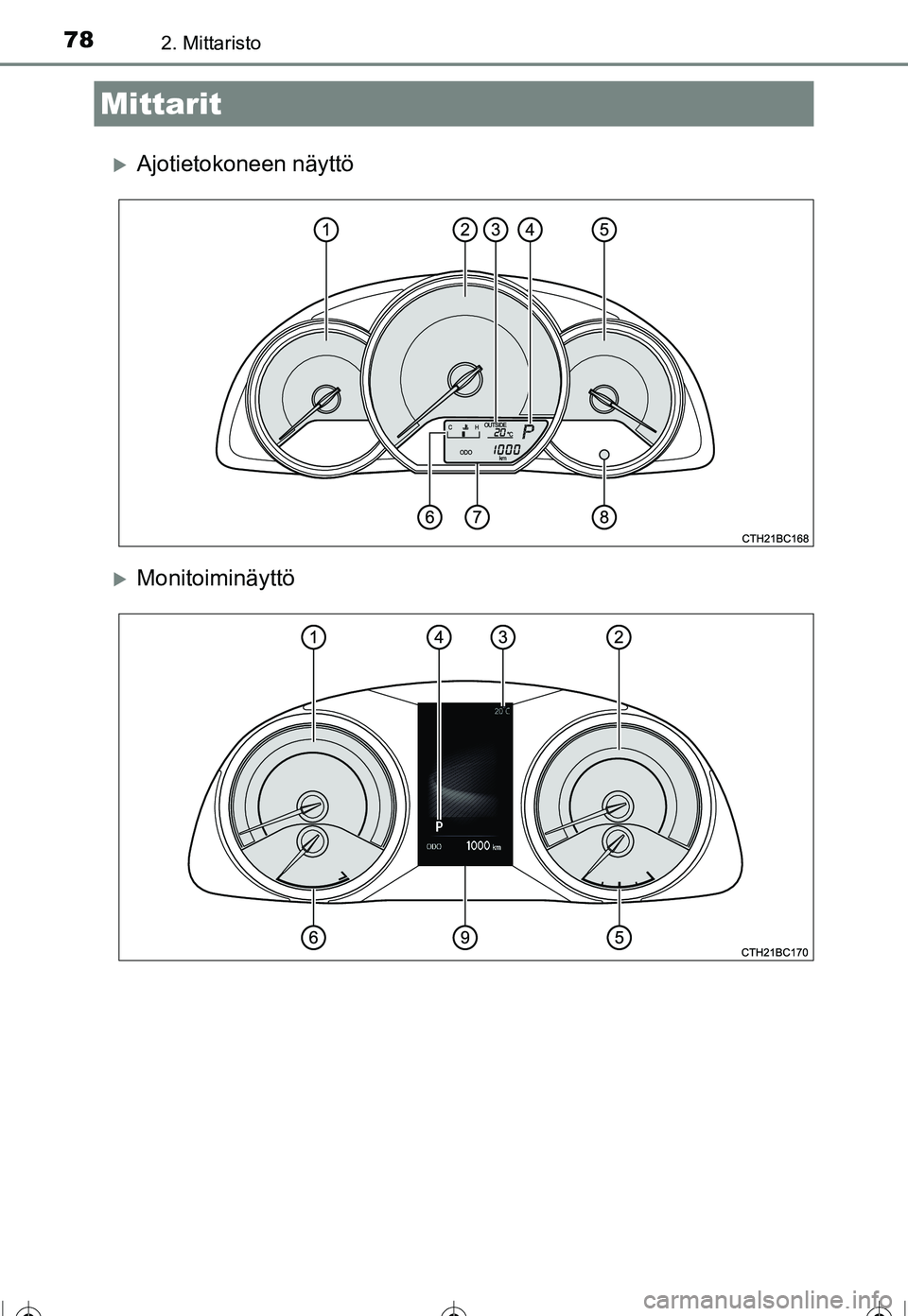 TOYOTA COROLLA 2016  Omistajan Käsikirja (in Finnish) 782. Mittaristo
OM12J90FI
�XAjotietokoneen näyttö
�XMonitoiminäyttö
Mittarit
OM12J90FI.book  Page 78  Wednesday, September 7, 2016  3:16 AM 