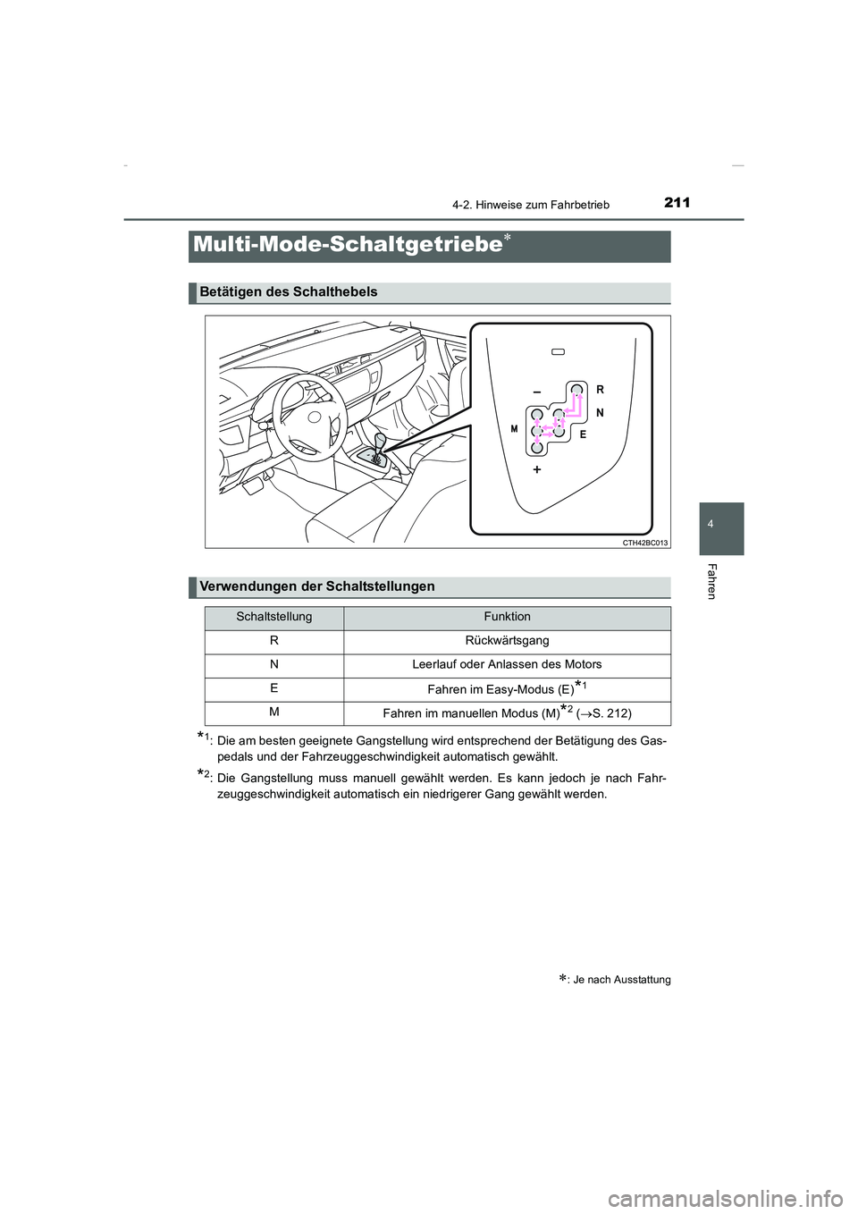 TOYOTA COROLLA 2015  Betriebsanleitungen (in German) 2114-2. Hinweise zum Fahrbetrieb
4
Fahren
COROLLA_TMMT_EM (OM12J76M)
*1: Die am besten geeignete Gangstellung wird entsprechend der Betätigung des Gas-
pedals und der Fahrzeuggeschwindigkeit automati