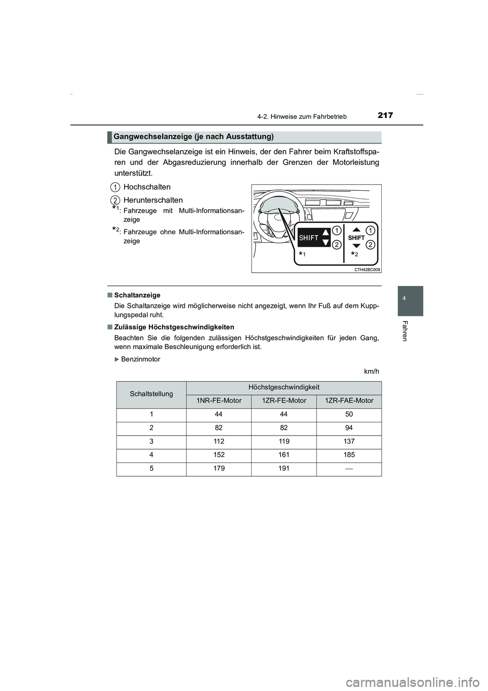 TOYOTA COROLLA 2015  Betriebsanleitungen (in German) 2174-2. Hinweise zum Fahrbetrieb
4
Fahren
COROLLA_TMMT_EM (OM12J76M)
Die Gangwechselanzeige ist ein Hinweis, der den Fahrer beim Kraftstoffspa-
ren und der Abgasreduzierung innerhalb der Grenzen der M