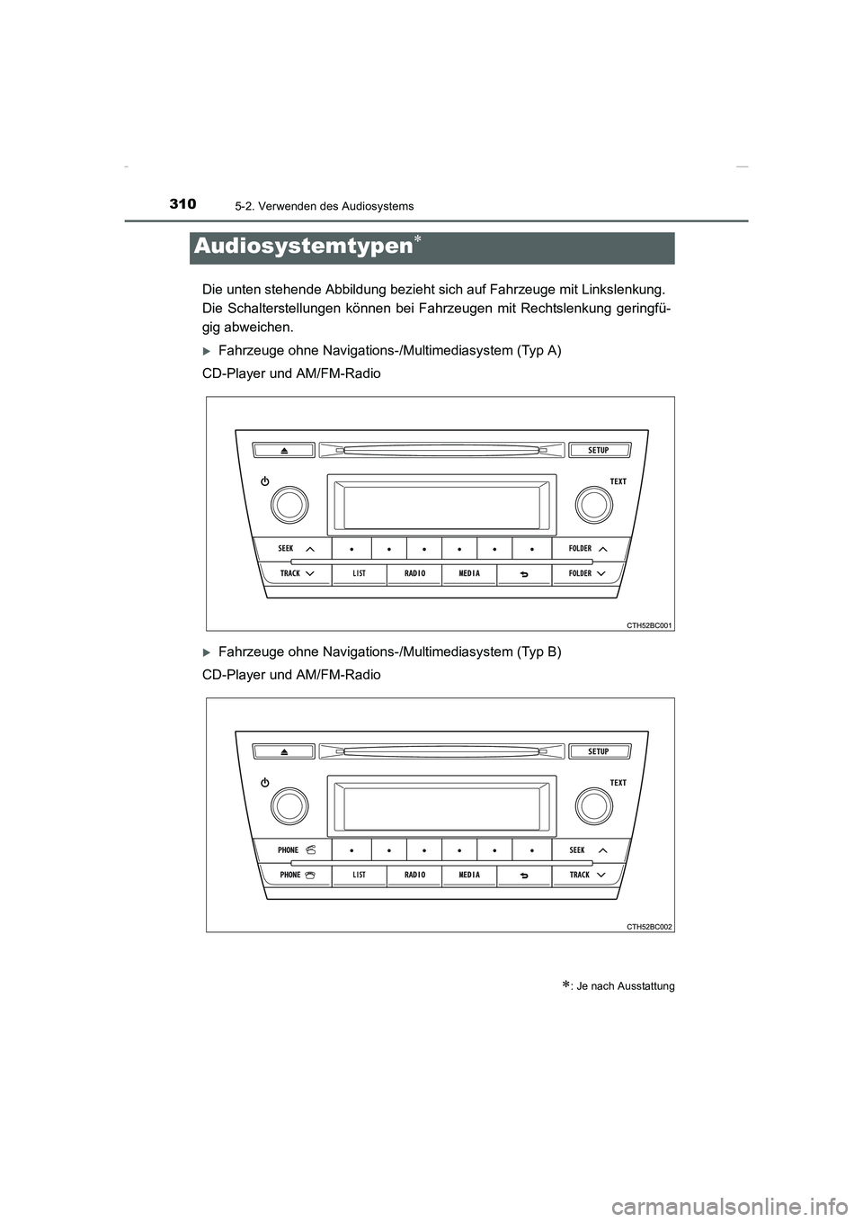 TOYOTA COROLLA 2015  Betriebsanleitungen (in German) 310
COROLLA_TMMT_EM (OM12J76M)
5-2. Verwenden des Audiosystems
Die unten stehende Abbildung bezieht sich auf Fahrzeuge mit Linkslenkung. 
Die Schalterstellungen können bei Fahrzeugen mit Rechtslenkun