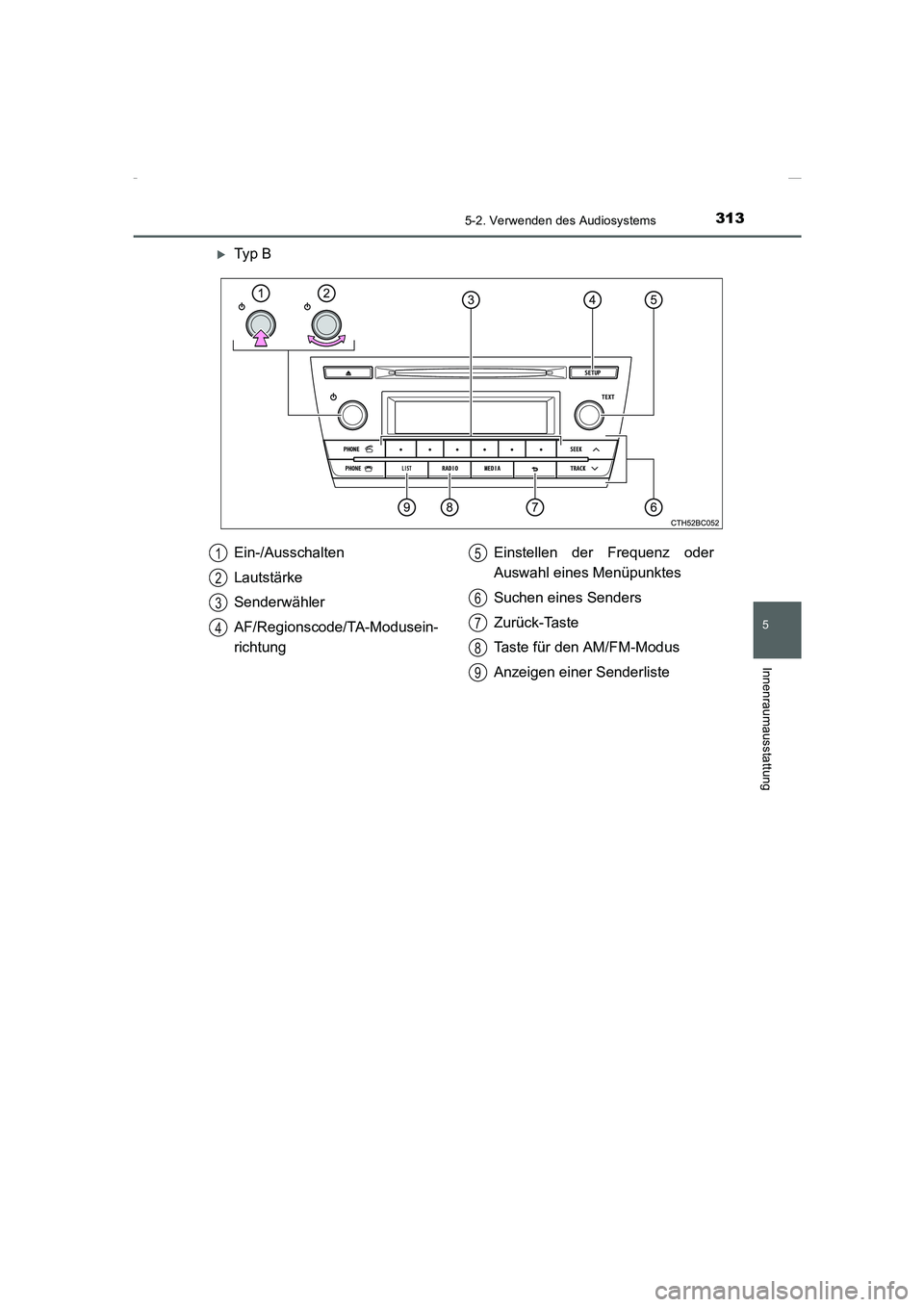 TOYOTA COROLLA 2015  Betriebsanleitungen (in German) 3135-2. Verwenden des Audiosystems
5
Innenraumausstattung
COROLLA_TMMT_EM (OM12J76M)
�XTy p  B
Ein-/Ausschalten
Lautstärke
Senderwähler
AF/Regionscode/TA-Modusein-
richtungEinstellen der Frequenz od