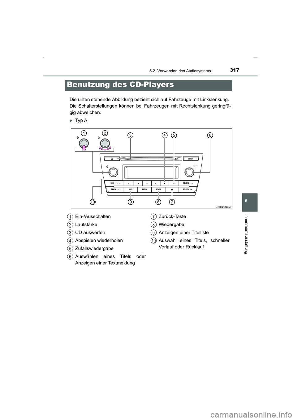 TOYOTA COROLLA 2015  Betriebsanleitungen (in German) 3175-2. Verwenden des Audiosystems
5
Innenraumausstattung
COROLLA_TMMT_EM (OM12J76M)
Die unten stehende Abbildung bezieht sich auf Fahrzeuge mit Linkslenkung. 
Die Schalterstellungen können bei Fahrz