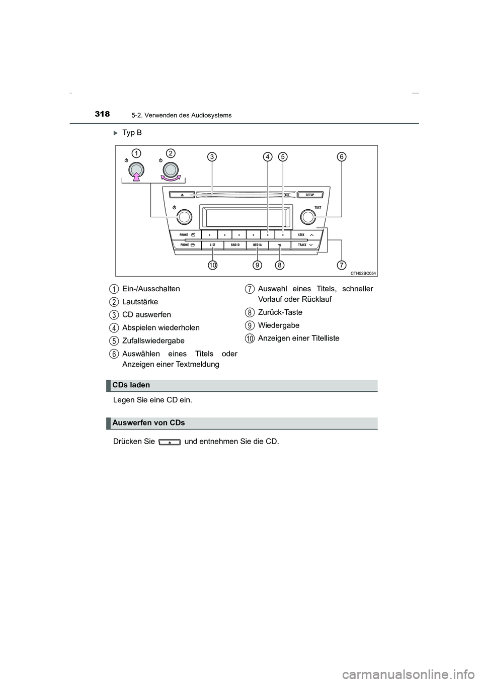 TOYOTA COROLLA 2015  Betriebsanleitungen (in German) 3185-2. Verwenden des Audiosystems
COROLLA_TMMT_EM (OM12J76M)
�XTy p  B
Legen Sie eine CD ein.
Drücken Sie   und entnehmen Sie die CD.Ein-/Ausschalten
Lautstärke
CD auswerfen
Abspielen wiederholen
Z