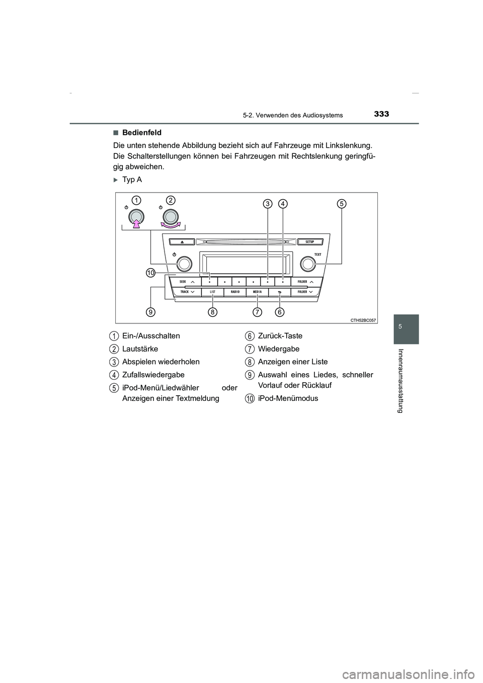 TOYOTA COROLLA 2015  Betriebsanleitungen (in German) 3335-2. Verwenden des Audiosystems
5
Innenraumausstattung
COROLLA_TMMT_EM (OM12J76M)■
Bedienfeld
Die unten stehende Abbildung bezieht sich auf Fahrzeuge mit Linkslenkung. 
Die Schalterstellungen kö