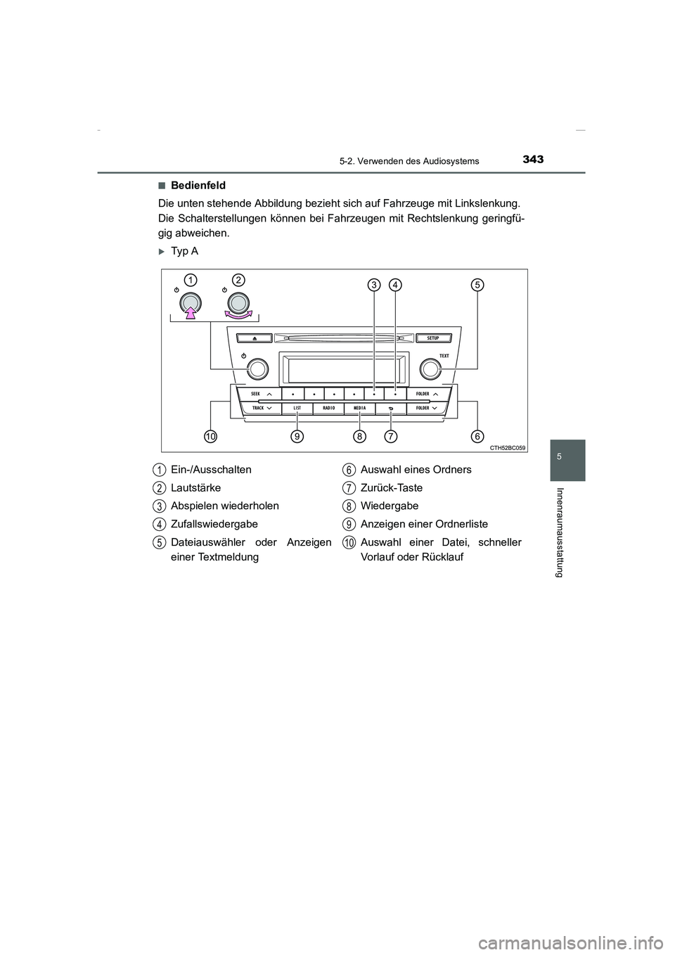 TOYOTA COROLLA 2015  Betriebsanleitungen (in German) 3435-2. Verwenden des Audiosystems
5
Innenraumausstattung
COROLLA_TMMT_EM (OM12J76M)■
Bedienfeld
Die unten stehende Abbildung bezieht sich auf Fahrzeuge mit Linkslenkung. 
Die Schalterstellungen kö