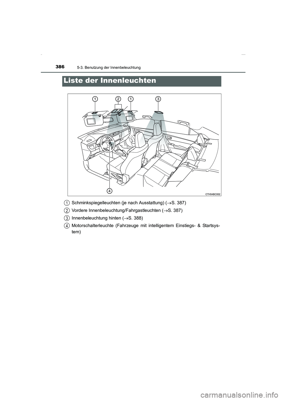 TOYOTA COROLLA 2015  Betriebsanleitungen (in German) 386
COROLLA_TMMT_EM (OM12J76M)
5-3. Benutzung der Innenbeleuchtung
Schminkspiegelleuchten (je nach Ausstattung) (→S. 387)
Vordere Innenbeleuchtung/Fahrgastleuchten (→S. 387)
Innenbeleuchtung hinte