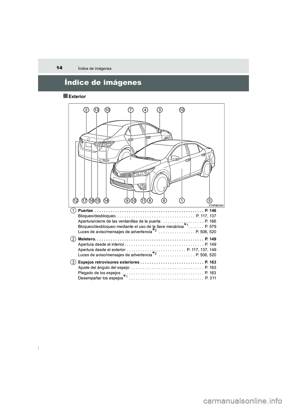 TOYOTA COROLLA 2015 Manual del propietario (in Spanish) 14
COROLLA_TMMT_ES (OM12J77S)
Índice de imágenes
Índice de imágenes
■Exterior
Puertas . . . . . . . . . . . . . . . . . . . . . . . . . . . . . . . . . . . . . . . . . . . . . . . . P. 146
Blo TOYOTA COROLLA 2015 Manual del propietario (in Spanish) 14
COROLLA_TMMT_ES (OM12J77S)
Índice de imágenes
Índice de imágenes
■Exterior
Puertas . . . . . . . . . . . . . . . . . . . . . . . . . . . . . . . . . . . . . . . . . . . . . . . . P. 146
Blo
