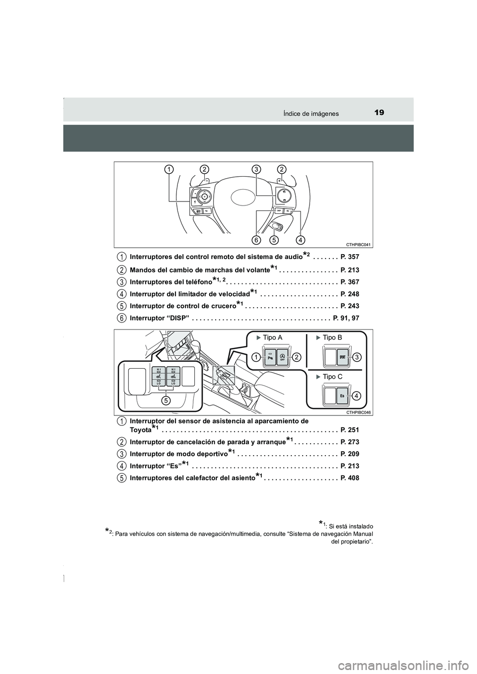 TOYOTA COROLLA 2015 Manual del propietario (in Spanish) 19Índice de imágenes
COROLLA_TMMT_ES (OM12J77S)Interruptores del control remoto del sistema de audio
*2 . . . . . . . P. 357
Mandos del cambio de marchas del volante
*1. . . . . . . . . . . . . . . TOYOTA COROLLA 2015 Manual del propietario (in Spanish) 19Índice de imágenes
COROLLA_TMMT_ES (OM12J77S)Interruptores del control remoto del sistema de audio
*2 . . . . . . . P. 357
Mandos del cambio de marchas del volante
*1. . . . . . . . . . . . . . .
