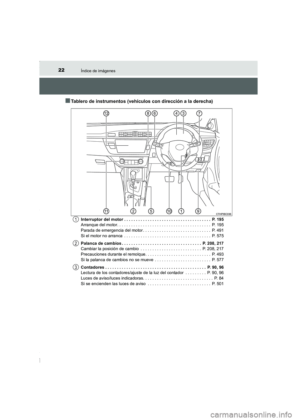 TOYOTA COROLLA 2015 Manual del propietario (in Spanish) 22Índice de imágenes
COROLLA_TMMT_ES (OM12J77S)
■Tablero de instrumentos (vehículos con dirección a la derecha)
Interruptor del motor . . . . . . . . . . . . . . . . . . . . . . . . . . . . . . TOYOTA COROLLA 2015 Manual del propietario (in Spanish) 22Índice de imágenes
COROLLA_TMMT_ES (OM12J77S)
■Tablero de instrumentos (vehículos con dirección a la derecha)
Interruptor del motor . . . . . . . . . . . . . . . . . . . . . . . . . . . . . .