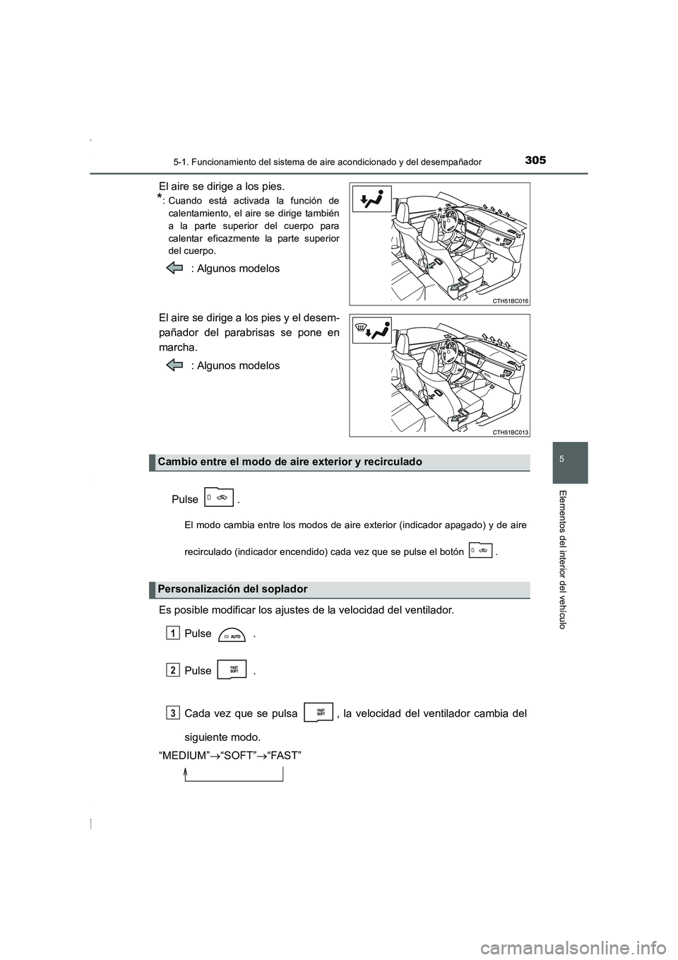 TOYOTA COROLLA 2015  Manual del propietario (in Spanish) 3055-1. Funcionamiento del sistema de aire acondicionado y del desempañador
5
Elementos del interior del vehículo
COROLLA_TMMT_ES (OM12J77S)
El aire se dirige a los pies.
*: Cuando está activada la
