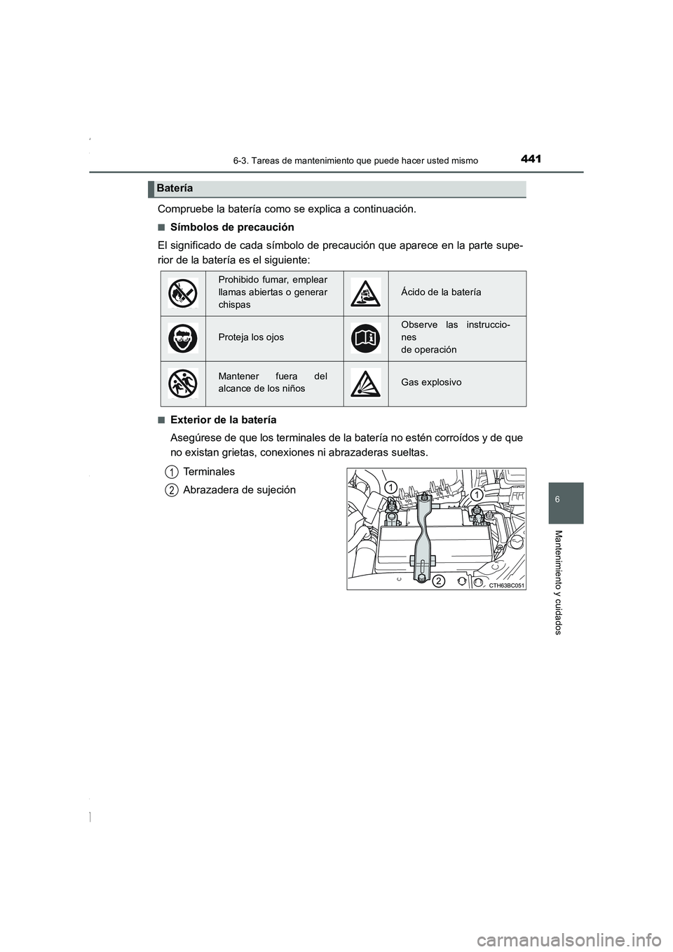 TOYOTA COROLLA 2015  Manual del propietario (in Spanish) 4416-3. Tareas de mantenimiento que puede hacer usted mismo
6
Mantenimiento y cuidados
COROLLA_TMMT_ES (OM12J77S)
Compruebe la batería como se explica a continuación.
■Símbolos de precaución
El 