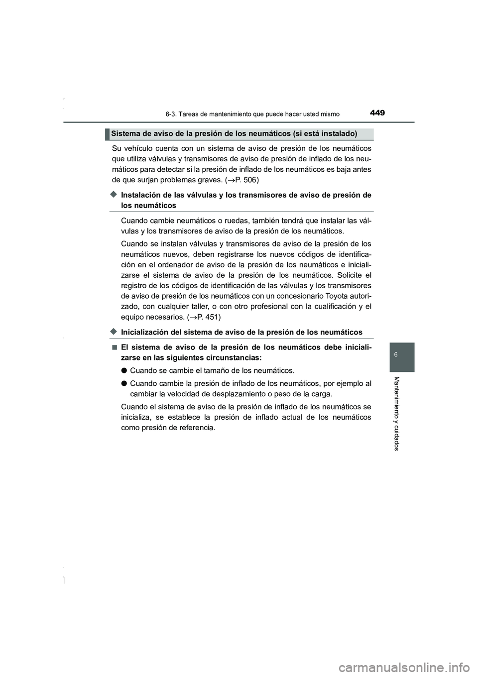 TOYOTA COROLLA 2015 Manual del propietario (in Spanish) 4496-3. Tareas de mantenimiento que puede hacer usted mismo
6
Mantenimiento y cuidados
COROLLA_TMMT_ES (OM12J77S)
Su vehículo cuenta con un sistema de aviso de presión de los neumáticos
que utiliza TOYOTA COROLLA 2015 Manual del propietario (in Spanish) 4496-3. Tareas de mantenimiento que puede hacer usted mismo
6
Mantenimiento y cuidados
COROLLA_TMMT_ES (OM12J77S)
Su vehículo cuenta con un sistema de aviso de presión de los neumáticos
que utiliza