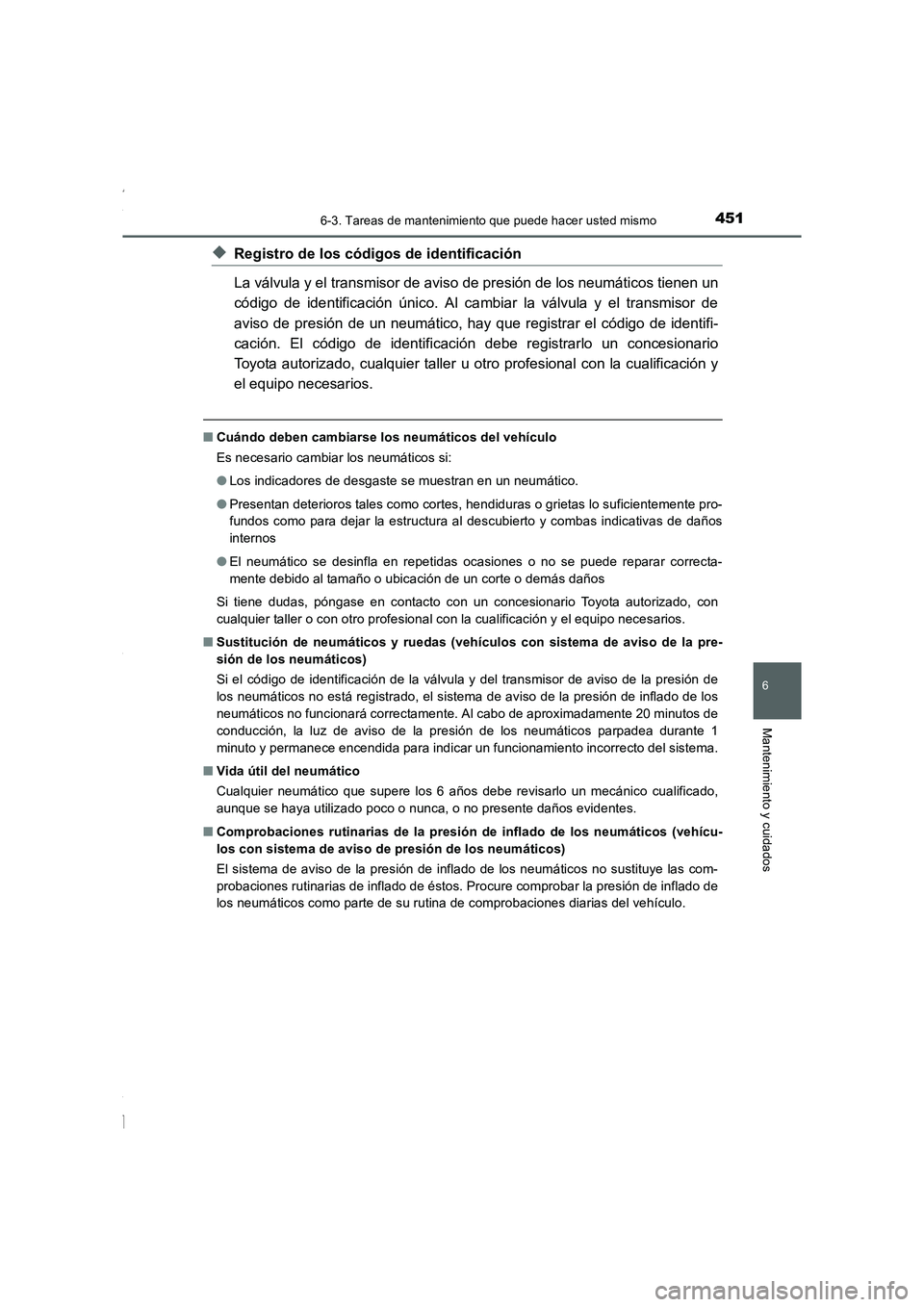 TOYOTA COROLLA 2015 Manual del propietario (in Spanish) 4516-3. Tareas de mantenimiento que puede hacer usted mismo
6
Mantenimiento y cuidados
COROLLA_TMMT_ES (OM12J77S)
◆Registro de los códigos de identificación
La válvula y el transmisor de aviso de TOYOTA COROLLA 2015 Manual del propietario (in Spanish) 4516-3. Tareas de mantenimiento que puede hacer usted mismo
6
Mantenimiento y cuidados
COROLLA_TMMT_ES (OM12J77S)
◆Registro de los códigos de identificación
La válvula y el transmisor de aviso de