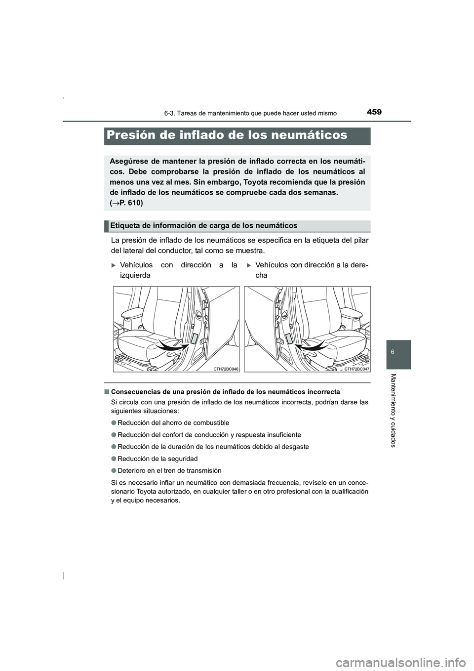 TOYOTA COROLLA 2015 Manual del propietario (in Spanish) 4596-3. Tareas de mantenimiento que puede hacer usted mismo
6
Mantenimiento y cuidados
COROLLA_TMMT_ES (OM12J77S)
La presión de inflado de los neumáticos se especifica en la etiqueta del pilar
del l TOYOTA COROLLA 2015 Manual del propietario (in Spanish) 4596-3. Tareas de mantenimiento que puede hacer usted mismo
6
Mantenimiento y cuidados
COROLLA_TMMT_ES (OM12J77S)
La presión de inflado de los neumáticos se especifica en la etiqueta del pilar
del l