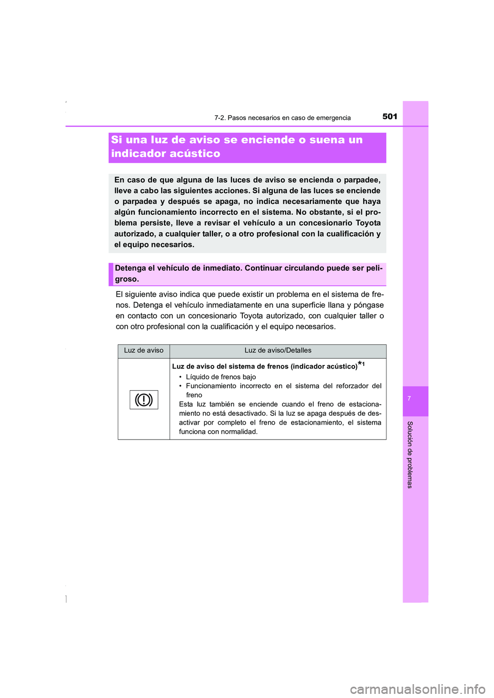 TOYOTA COROLLA 2015  Manual del propietario (in Spanish) 5017-2. Pasos necesarios en caso de emergencia
7
Solución de problemas
COROLLA_TMMT_ES (OM12J77S)
El siguiente aviso indica que puede existir un problema en el sistema de fre-
nos. Detenga el vehícu