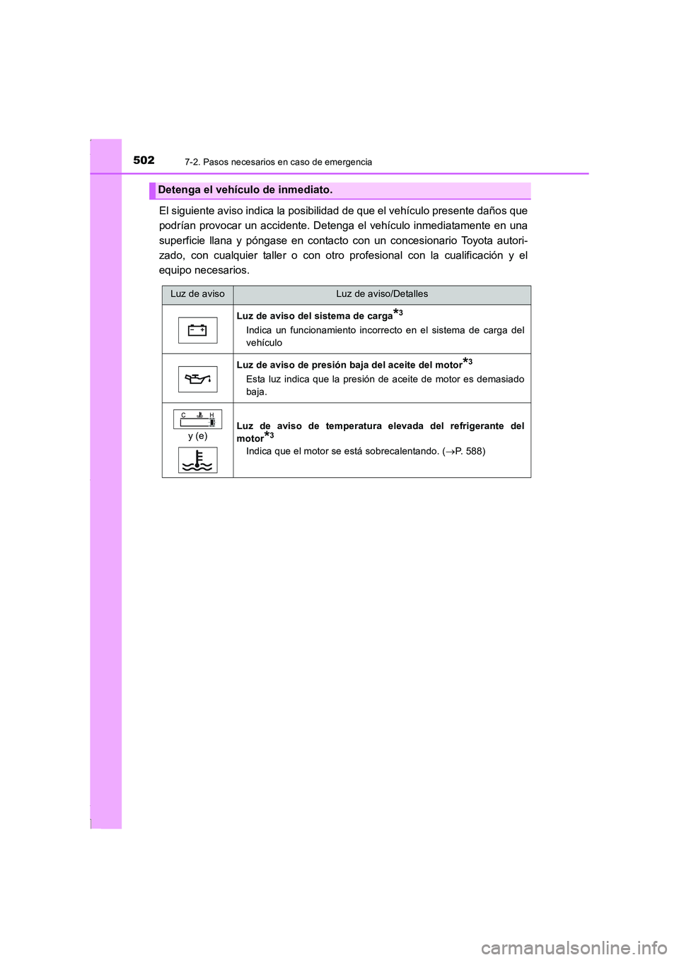 TOYOTA COROLLA 2015  Manual del propietario (in Spanish) 5027-2. Pasos necesarios en caso de emergencia
COROLLA_TMMT_ES (OM12J77S)
El siguiente aviso indica la posibilidad de que el vehículo presente daños que
podrían provocar un accidente. Detenga el ve