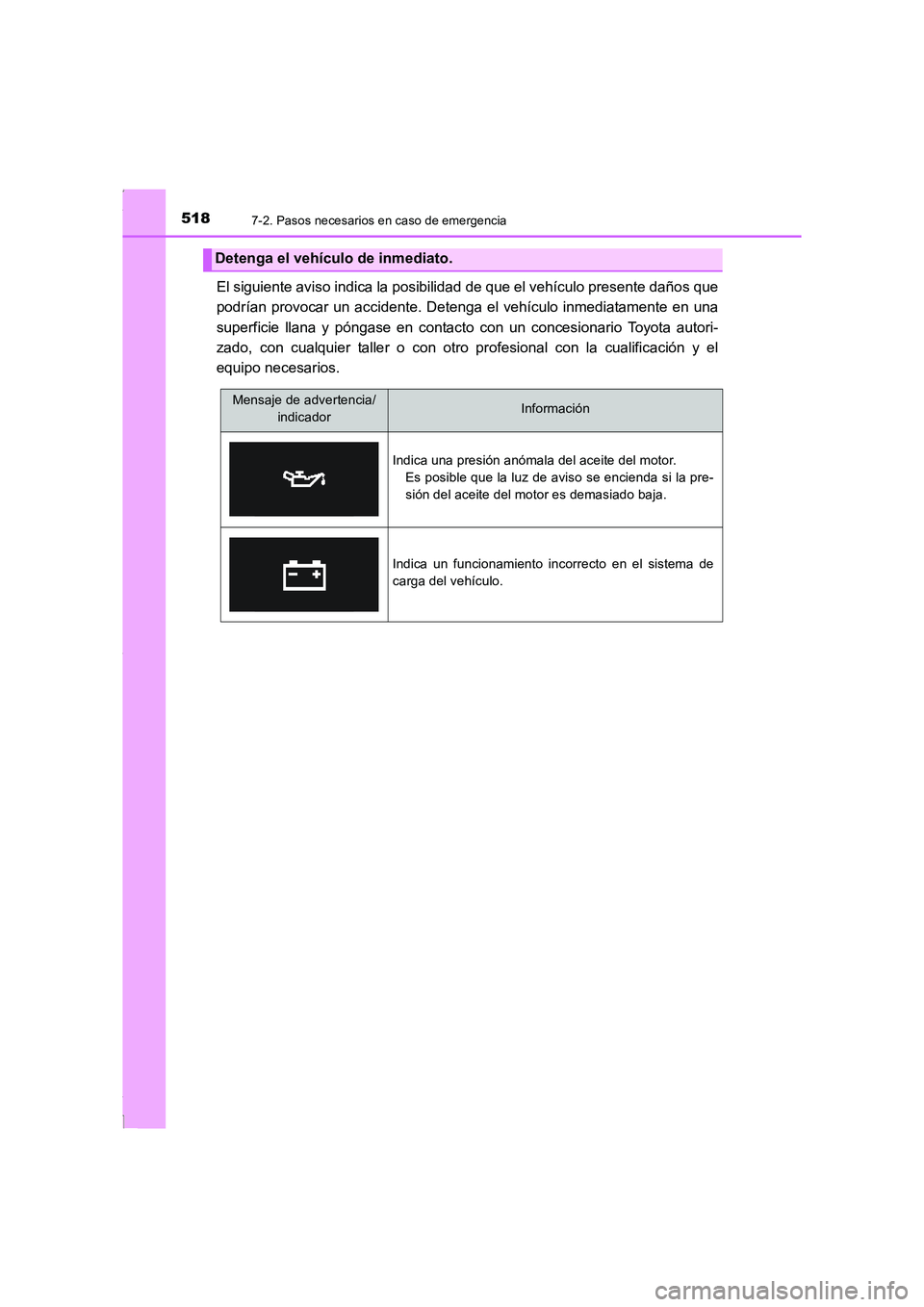 TOYOTA COROLLA 2015  Manual del propietario (in Spanish) 5187-2. Pasos necesarios en caso de emergencia
COROLLA_TMMT_ES (OM12J77S)
El siguiente aviso indica la posibilidad de que el vehículo presente daños que
podrían provocar un accidente. Detenga el ve
