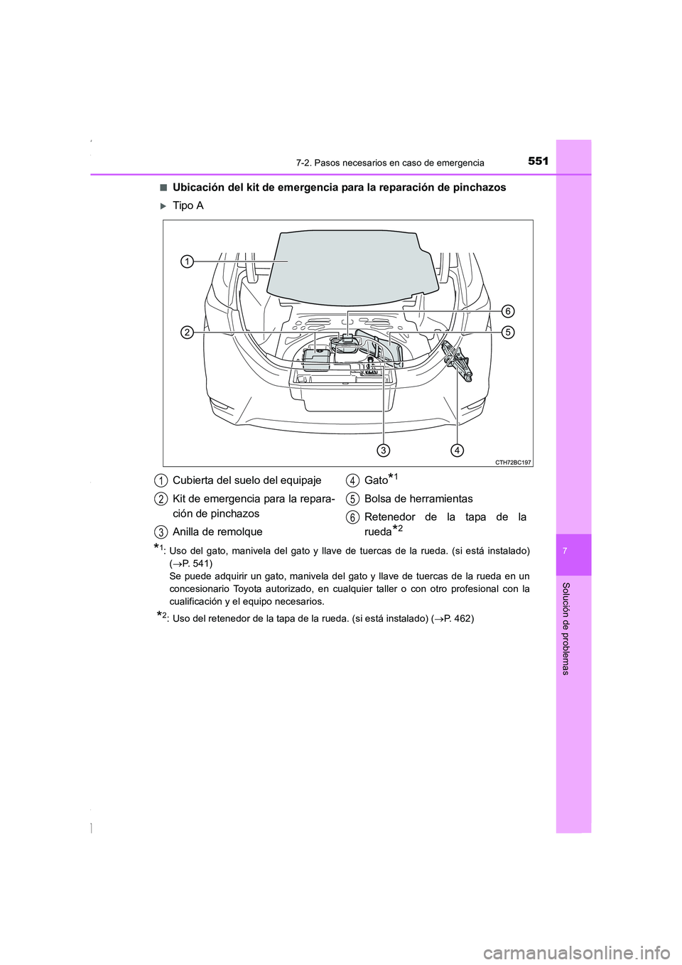 TOYOTA COROLLA 2015  Manual del propietario (in Spanish) 5517-2. Pasos necesarios en caso de emergencia
7
Solución de problemas
COROLLA_TMMT_ES (OM12J77S)■
Ubicación del kit de emergencia para la reparación de pinchazos
�XTipo A
*1: Uso del gato, maniv
