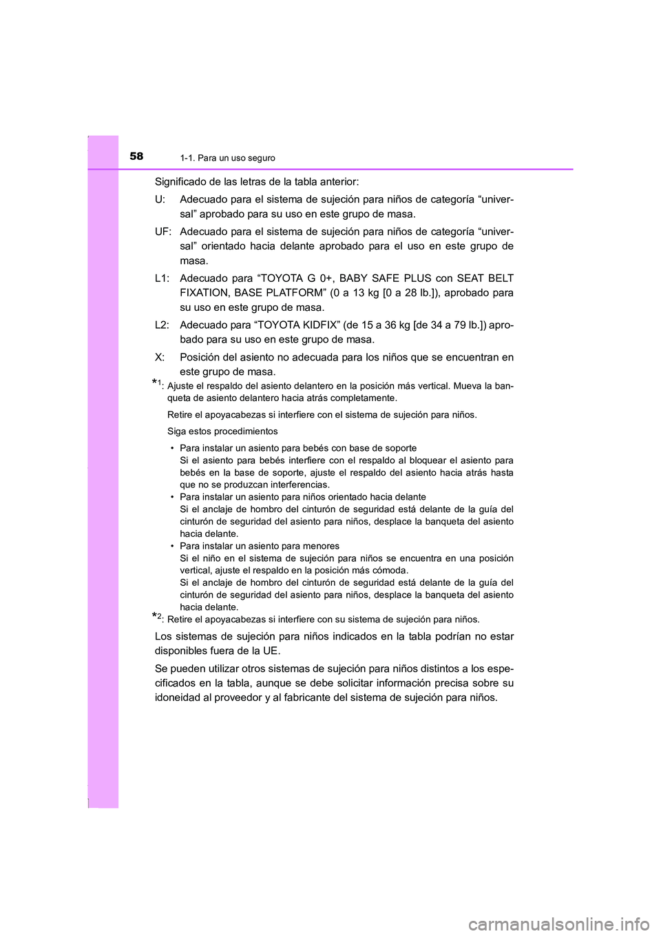 TOYOTA COROLLA 2015  Manual del propietario (in Spanish) 581-1. Para un uso seguro
COROLLA_TMMT_ES (OM12J77S)
Significado de las letras de la tabla anterior:
U: Adecuado para el sistema de sujeción para niños de categoría “univer-
sal” aprobado para 