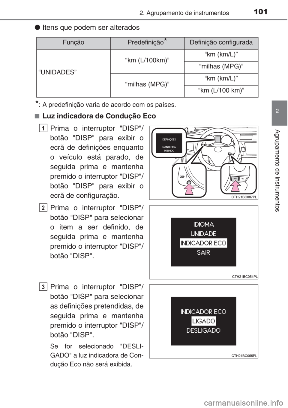 TOYOTA COROLLA 2015  Manual de utilização (in Portuguese) 1012. Agrupamento de instrumentos
2
Agrupamento de instrumentos
●Itens que podem ser alterados
*: A predefinição varia de acordo com os países.
■
Luz indicadora de Condução Eco
Prima o interr