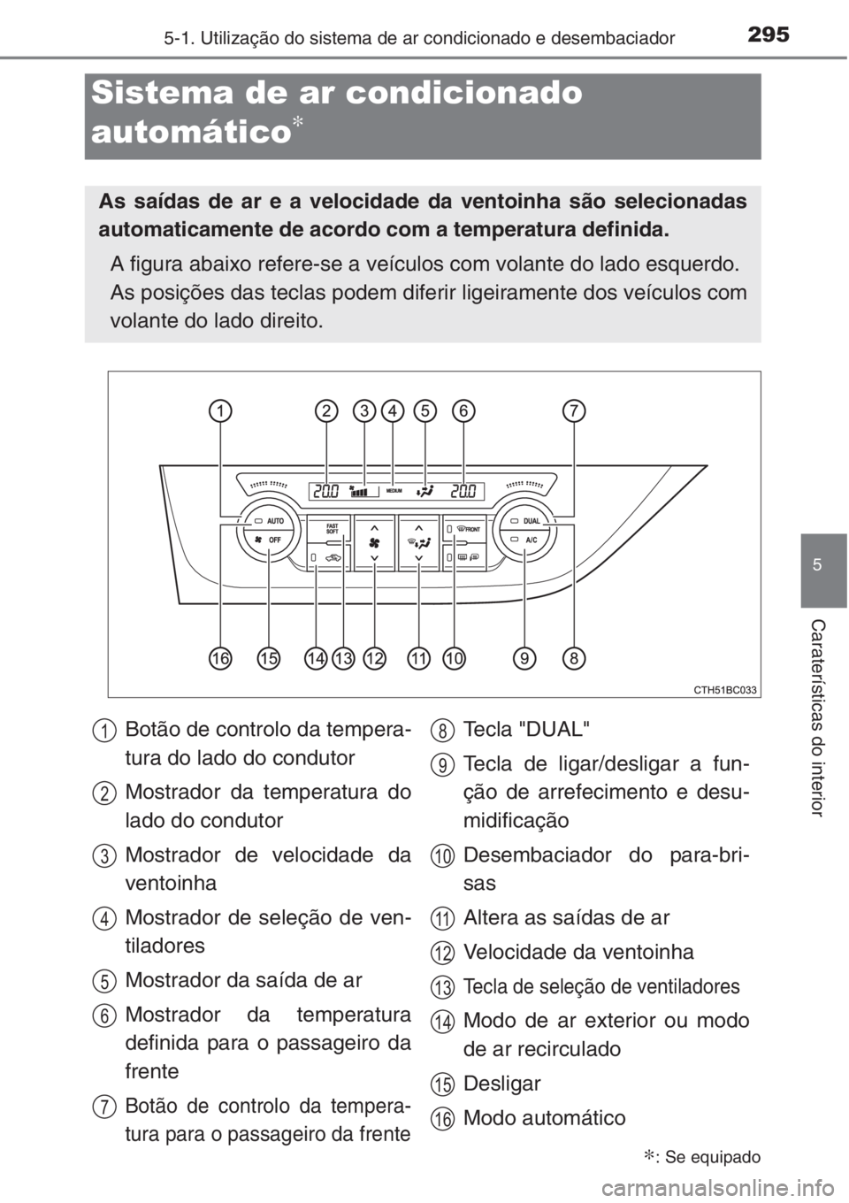 TOYOTA COROLLA 2015  Manual de utilização (in Portuguese) 2955-1. Utilização do sistema de ar condicionado e desembaciador
5
Caraterísticas do interior
Sistema de ar condicionado 
automático
∗
∗: Se equipado
As saídas de ar e a velocidade da ventoin