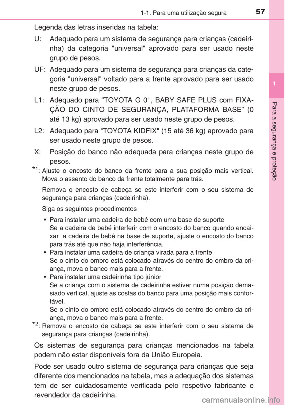 TOYOTA COROLLA 2015  Manual de utilização (in Portuguese) 571-1. Para uma utilização segura
1
Para a segurança e proteção
Legenda das letras inseridas na tabela:
U: Adequado para um sistema de segurança para crianças (cadeiri-
nha) da categoria "u