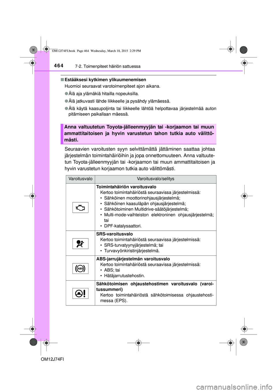 TOYOTA COROLLA 2015 Omistajan Käsikirja (in Finnish) 4647-2. Toimenpiteet häiriön sattuessa
OM12J74FI
nEstääksesi kytkimen ylikuumenemisen
Huomioi seuraavat varotoimenpiteet ajon aikana.
lÄlä aja ylämäkiä hitailla nopeuksilla.
l Älä jatkuvast TOYOTA COROLLA 2015 Omistajan Käsikirja (in Finnish) 4647-2. Toimenpiteet häiriön sattuessa
OM12J74FI
nEstääksesi kytkimen ylikuumenemisen
Huomioi seuraavat varotoimenpiteet ajon aikana.
lÄlä aja ylämäkiä hitailla nopeuksilla.
l Älä jatkuvast