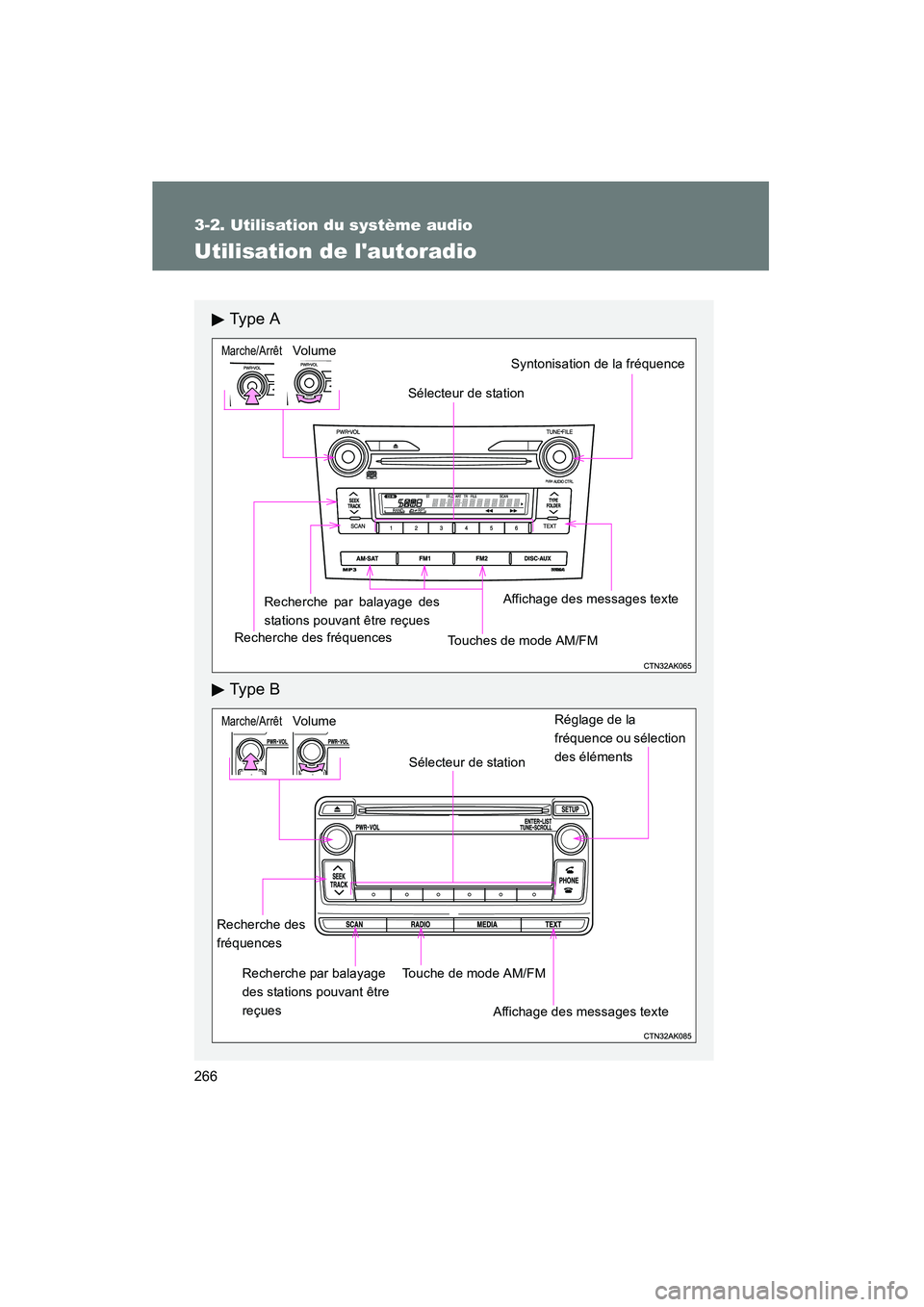 TOYOTA COROLLA 2013  Manuel du propriétaire (in French) 266
3-2. Utilisation du système audio
COROLLA_D
Utilisation de lautoradio
Ty p e  A
Ty p e  B
Volume
Recherche des fréquences Sélecteur de station
Touches de mode AM/FM Syntonisation de la fréque