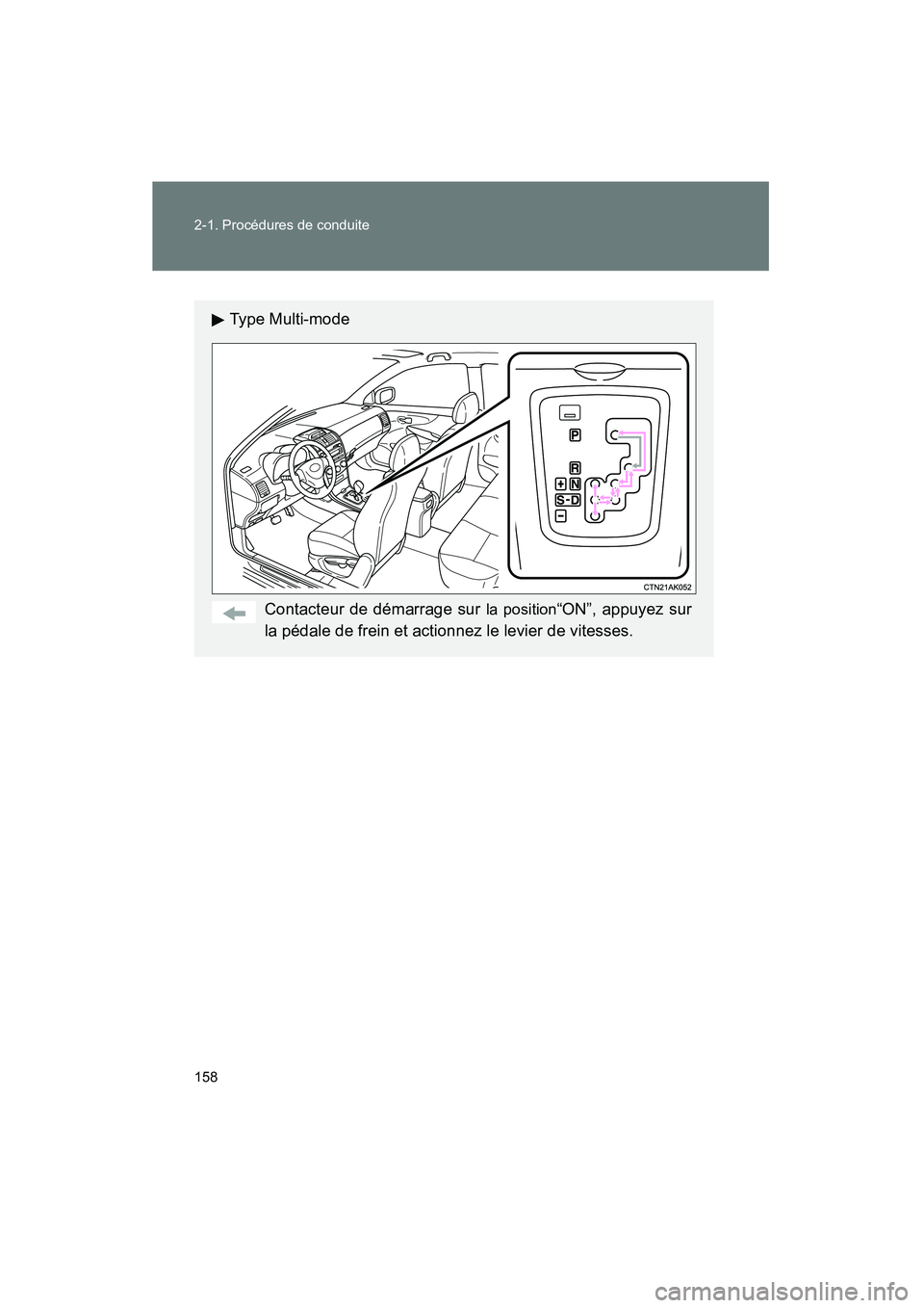 TOYOTA COROLLA 2012  Manuel du propriétaire (in French) 158 2-1. Procédures de conduite
COROLLA_D
Type Multi-modeContacteur de démarrage sur 
la position“ON”, appuyez sur
la pédale de frein et actionnez le levier de vitesses. 