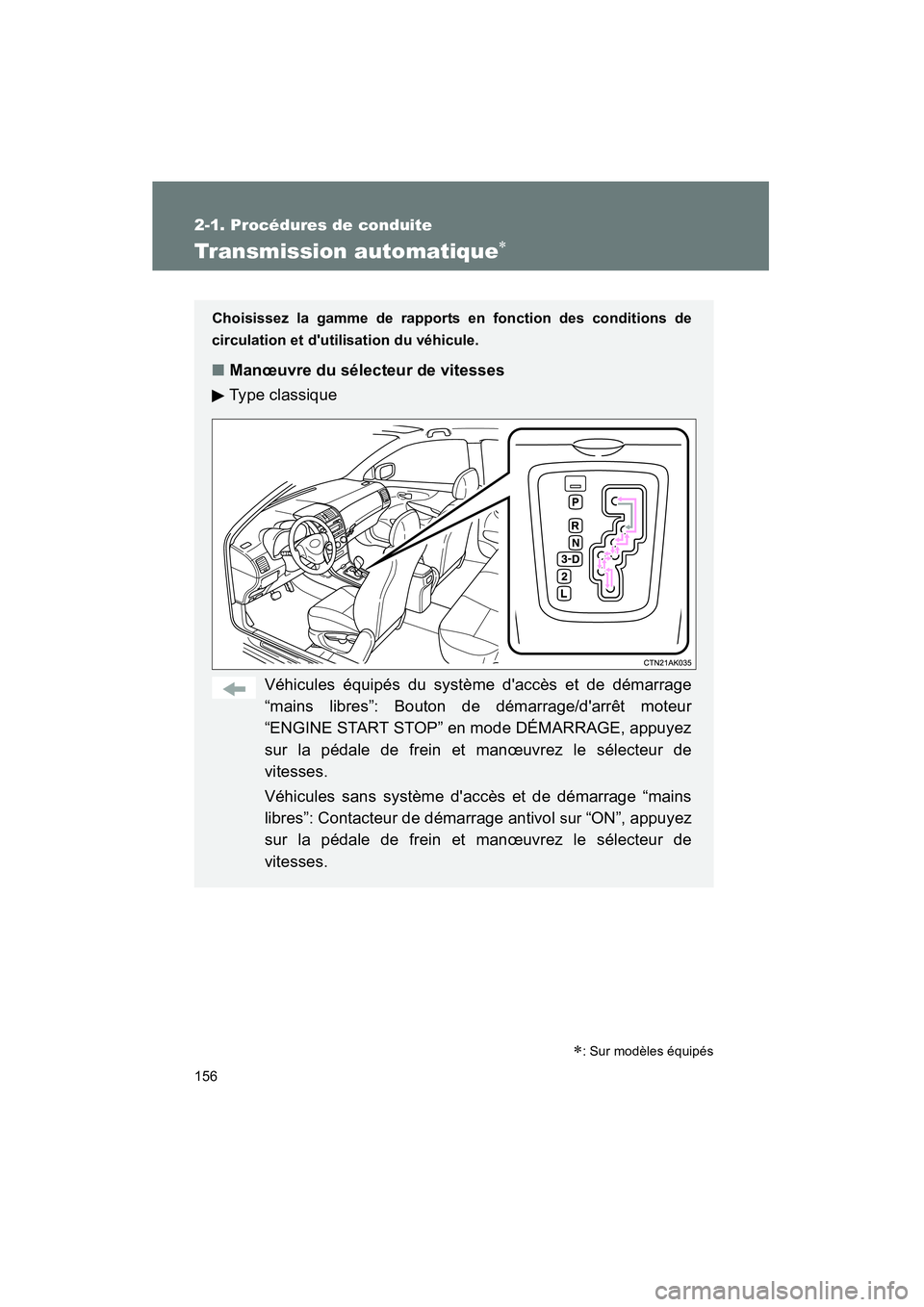 TOYOTA COROLLA 2011  Manuel du propriétaire (in French) 156
2-1. Pr océd ures  de co nduite
COROL LA_D
Transm ission automa tique∗
Choisissez  la gamme de  rapport s en fon ction   des  condit ions de
cir culat ion et d utilisation du véhicule.
■ Ma