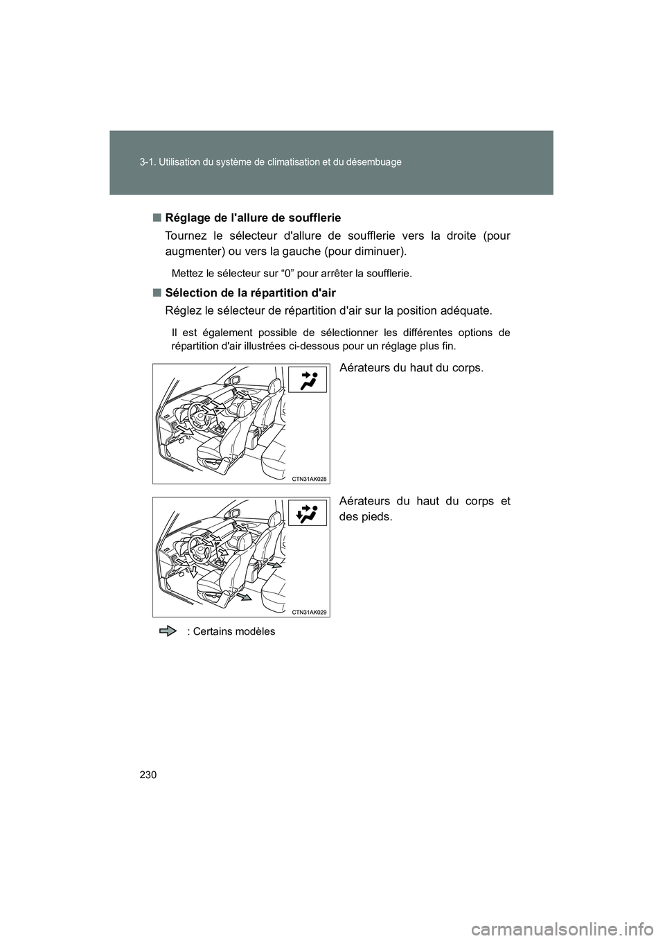 TOYOTA COROLLA 2011  Manuel du propriétaire (in French) 230
3-1. U tilisa tion du  systè me d e clim atisati on et  du dé sembu age
COROL LA_D
■
Réglage  de lallur e d e souff ler ie
To urne z le  sé lecteur  dallu re  de  so uff lerie  v ers  la  