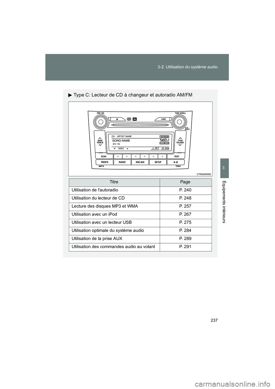 TOYOTA COROLLA 2011  Manuel du propriétaire (in French) 237
3-2
. Uti lisati on du sy stème  audio
3
Équipemen ts intérie urs
COROL LA_D
Type  C: Le cteur de CD à ch angeu r et au toradio AM/FM
TitrePage
Utilis ation de l autoradioP . 240
Utilis ation