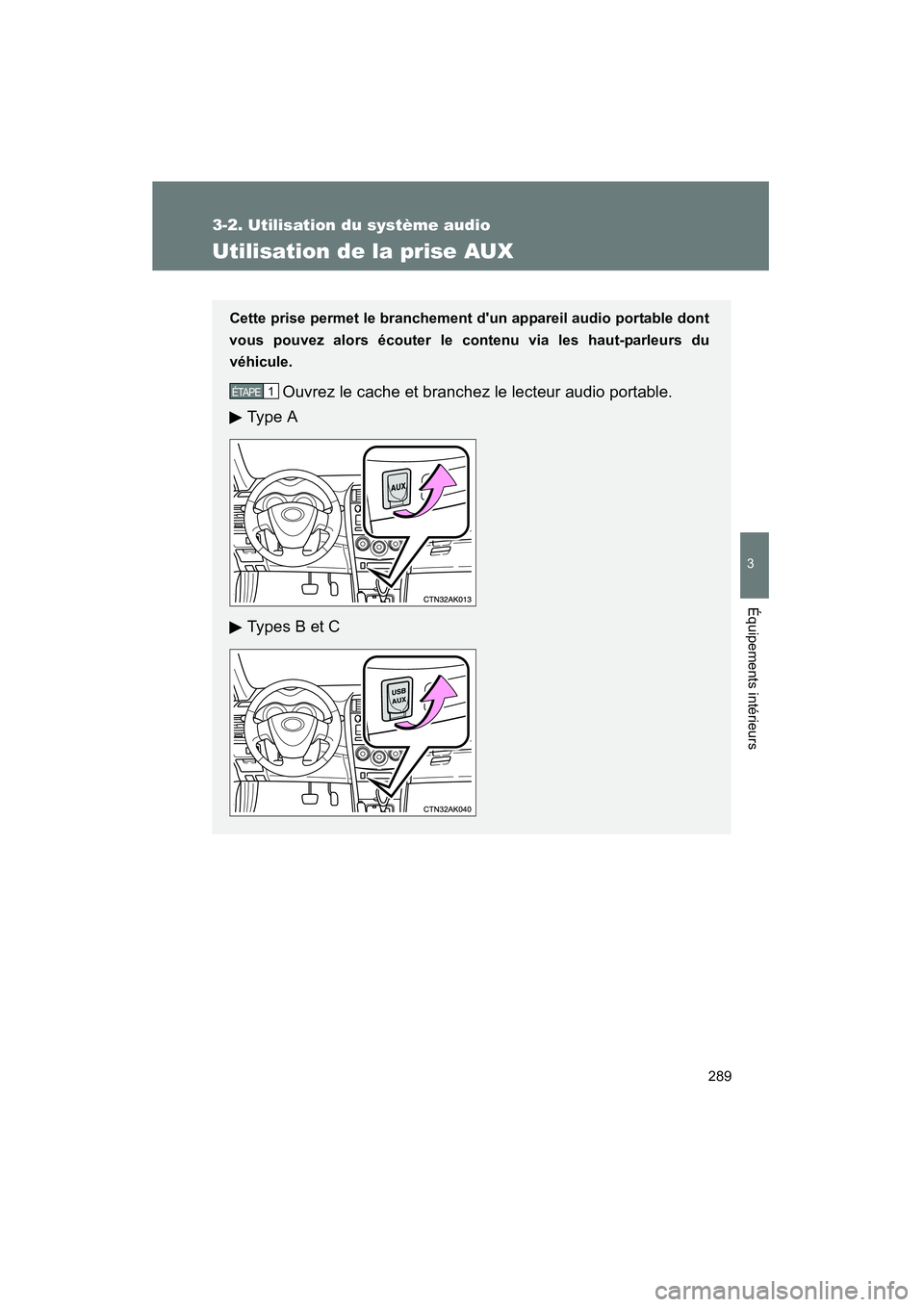 TOYOTA COROLLA 2011  Manuel du propriétaire (in French) 289
3-2. Ut ilisa tio n d u s ystème audio
3
Équipemen ts intérie urs
COROL LA_D
Utilis ation de  la pris e AUX
Cet te prise permet le branchem ent dun  app areil audio p ortable don t
vo us pou v