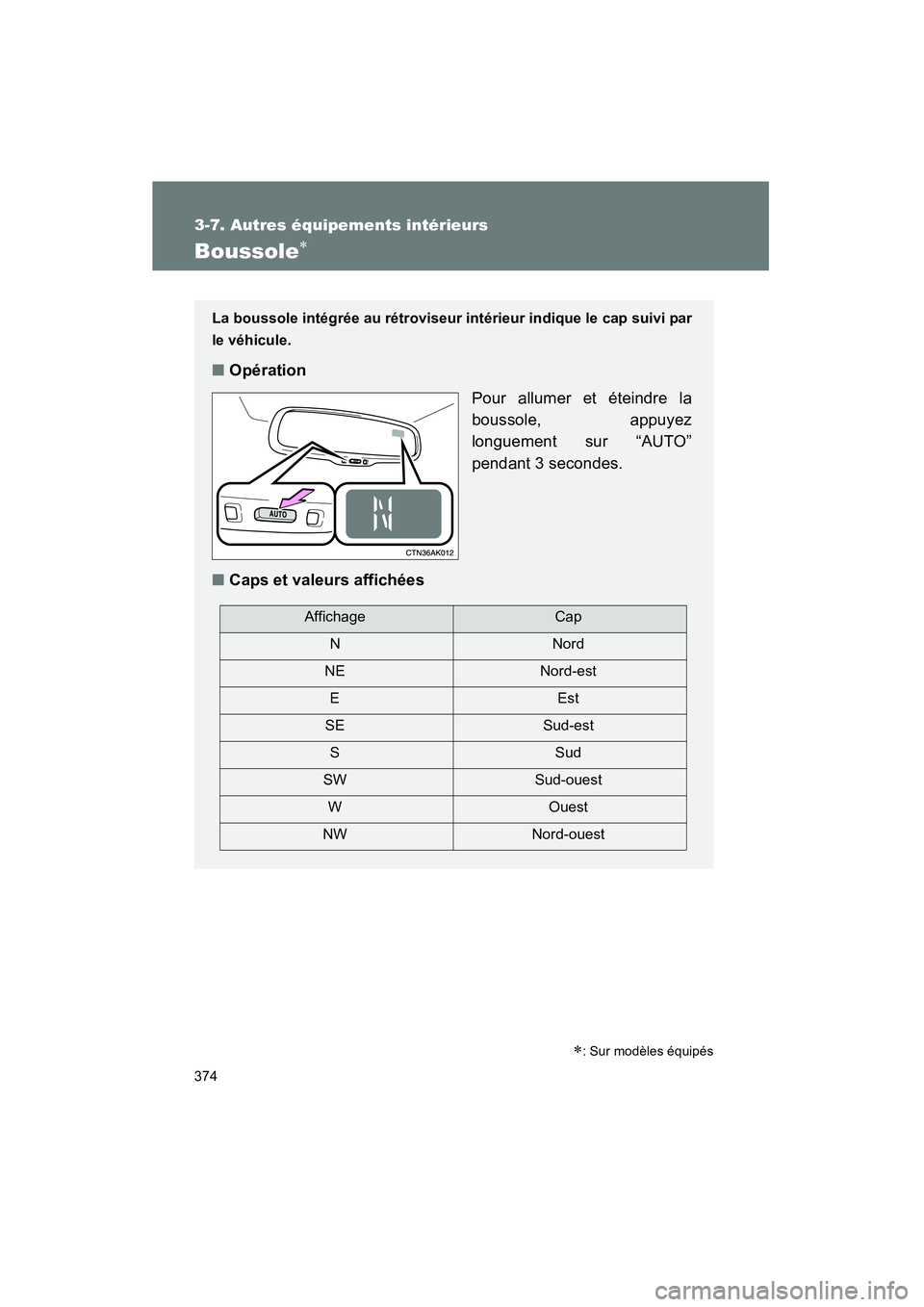 TOYOTA COROLLA 2011  Manuel du propriétaire (in French) 374
3-7. Autres équipements intérieurs
COROLLA_D
Boussole∗
La boussole intégrée au rétroviseur intérieur indique le cap suivi par
le véhicule.
■Opération
Pour allumer et éteindre la
bouss