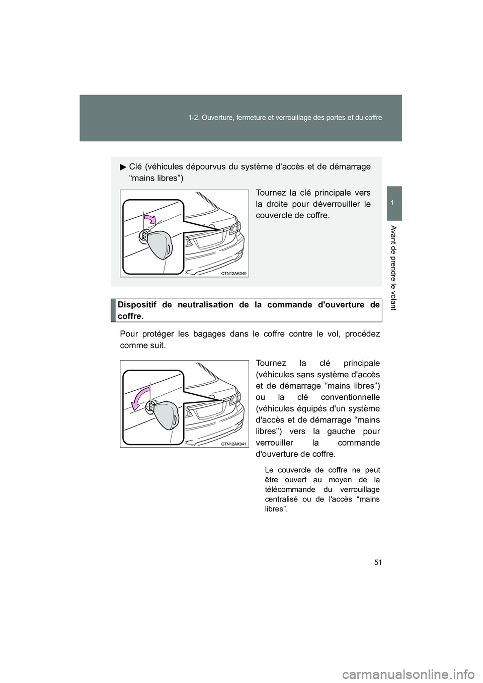 TOYOTA COROLLA 2011  Manuel du propriétaire (in French) 51
1-2. Ouverture, fermeture  et v errouillage  des porte s et d u c of fre
1
Av ant de pre ndre le  volant
COROL LA_D
Disposit if  de neutrali sation de   la co mmand e douverture  de
coffre .
Pour 