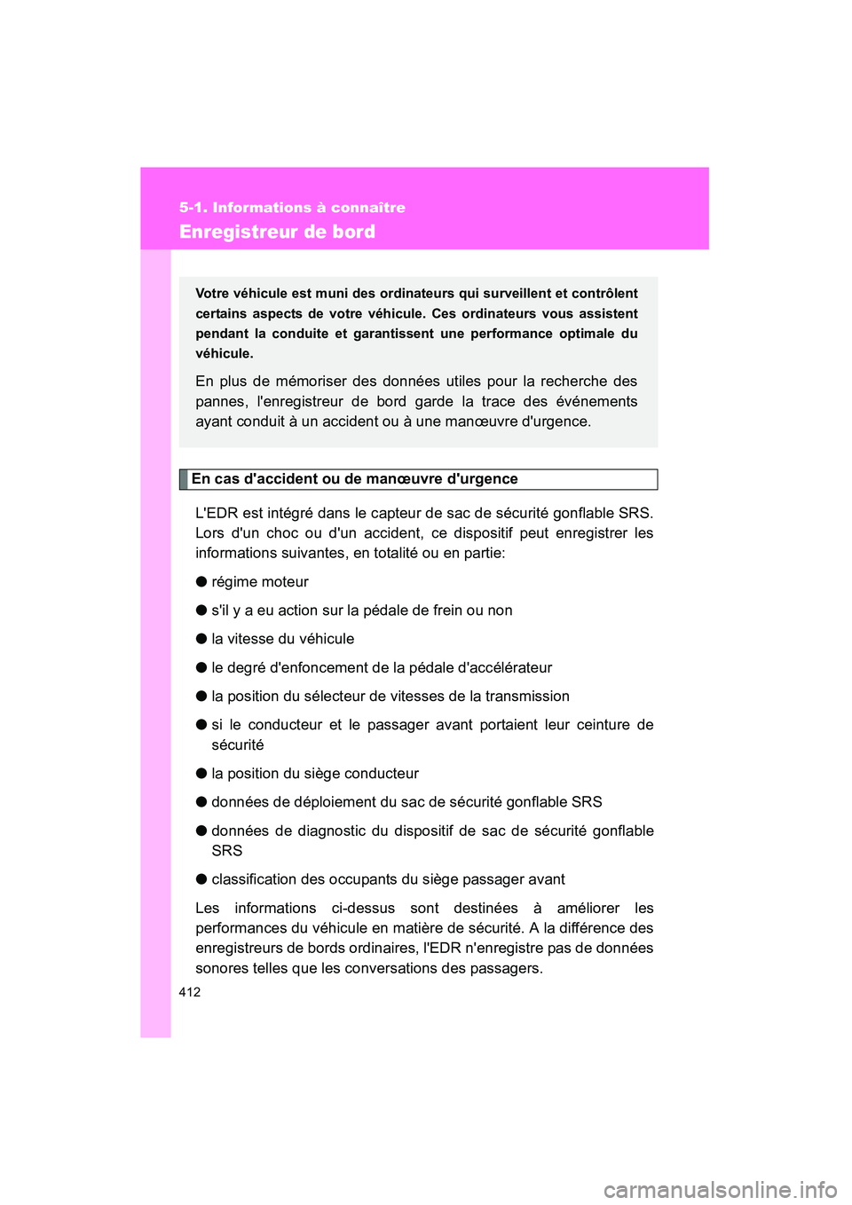 TOYOTA COROLLA 2009 Manuel du propriétaire (in French) 412
5-1. Informations à connaître
COROLLA_D_(L/O_0801)
Enregistreur de bord
En cas daccident ou de manœuvre durgenceLEDR est intégré dans le capteur de sac de sécurité gonflable SRS.
Lors d TOYOTA COROLLA 2009 Manuel du propriétaire (in French) 412
5-1. Informations à connaître
COROLLA_D_(L/O_0801)
Enregistreur de bord
En cas daccident ou de manœuvre durgenceLEDR est intégré dans le capteur de sac de sécurité gonflable SRS.
Lors d