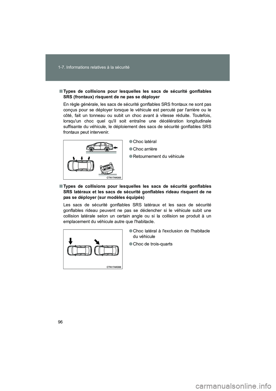 TOYOTA COROLLA 2009 Manuel du propriétaire (in French) 96 1-7. Informations relatives à la sécurité
COROLLA_D_(L/O_0801)
■Types de collisions pour lesquelles les sacs de sécurité gonflables
SRS (frontaux) risquent de ne pas se déployer
En règle g TOYOTA COROLLA 2009 Manuel du propriétaire (in French) 96 1-7. Informations relatives à la sécurité
COROLLA_D_(L/O_0801)
■Types de collisions pour lesquelles les sacs de sécurité gonflables
SRS (frontaux) risquent de ne pas se déployer
En règle g
