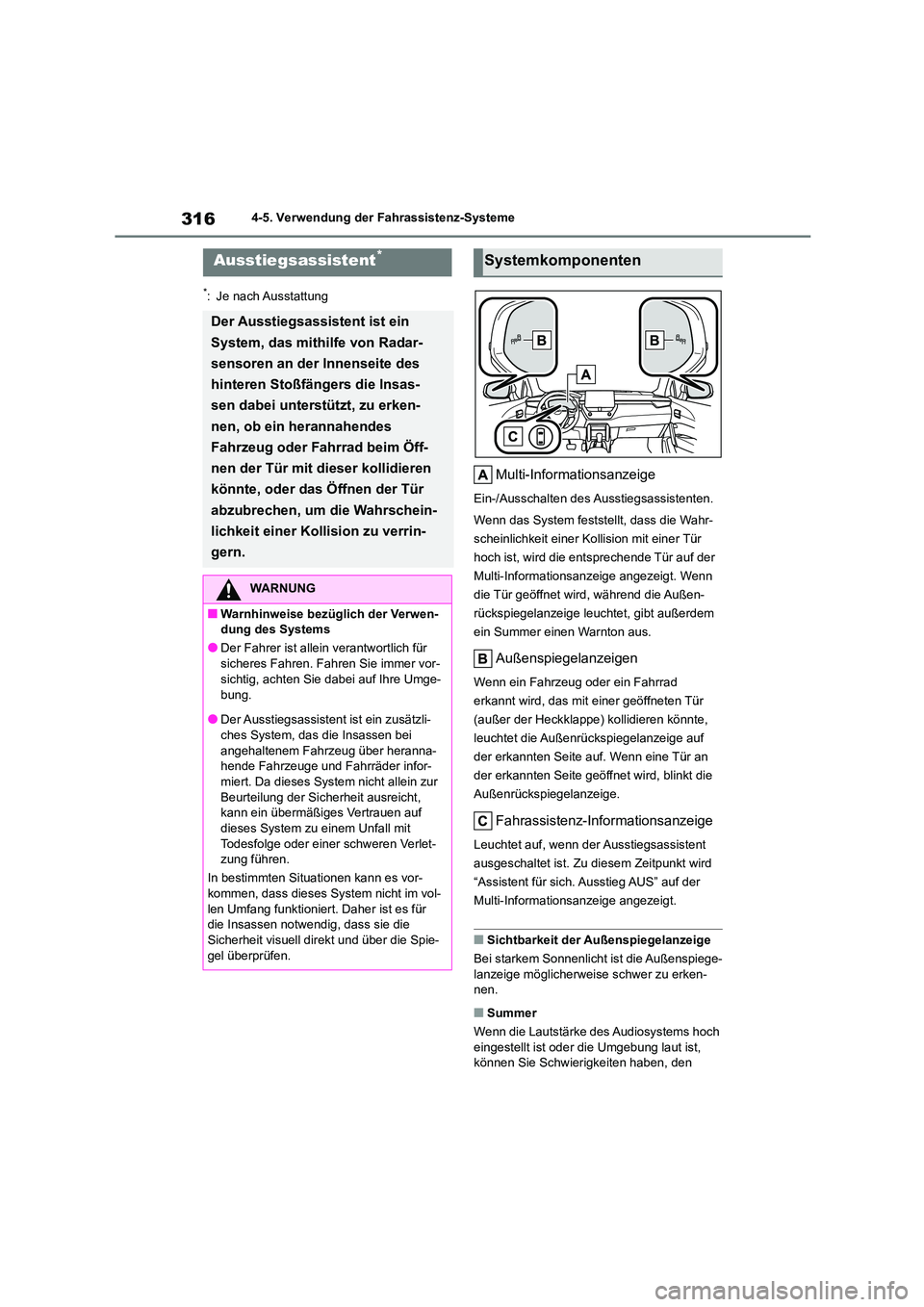TOYOTA COROLLA CROSS 2023 Betriebsanleitungen (in German) 3164-5. Verwendung der Fahrassistenz-Systeme
*: Je nach Ausstattung
Multi-Informationsanzeige
Ein-/Ausschalten des Ausstiegsassistenten.
Wenn das System feststellt, dass die Wahr-
scheinlichkeit ein TOYOTA COROLLA CROSS 2023 Betriebsanleitungen (in German) 3164-5. Verwendung der Fahrassistenz-Systeme
*: Je nach Ausstattung
Multi-Informationsanzeige
Ein-/Ausschalten des Ausstiegsassistenten.
Wenn das System feststellt, dass die Wahr-
scheinlichkeit ein