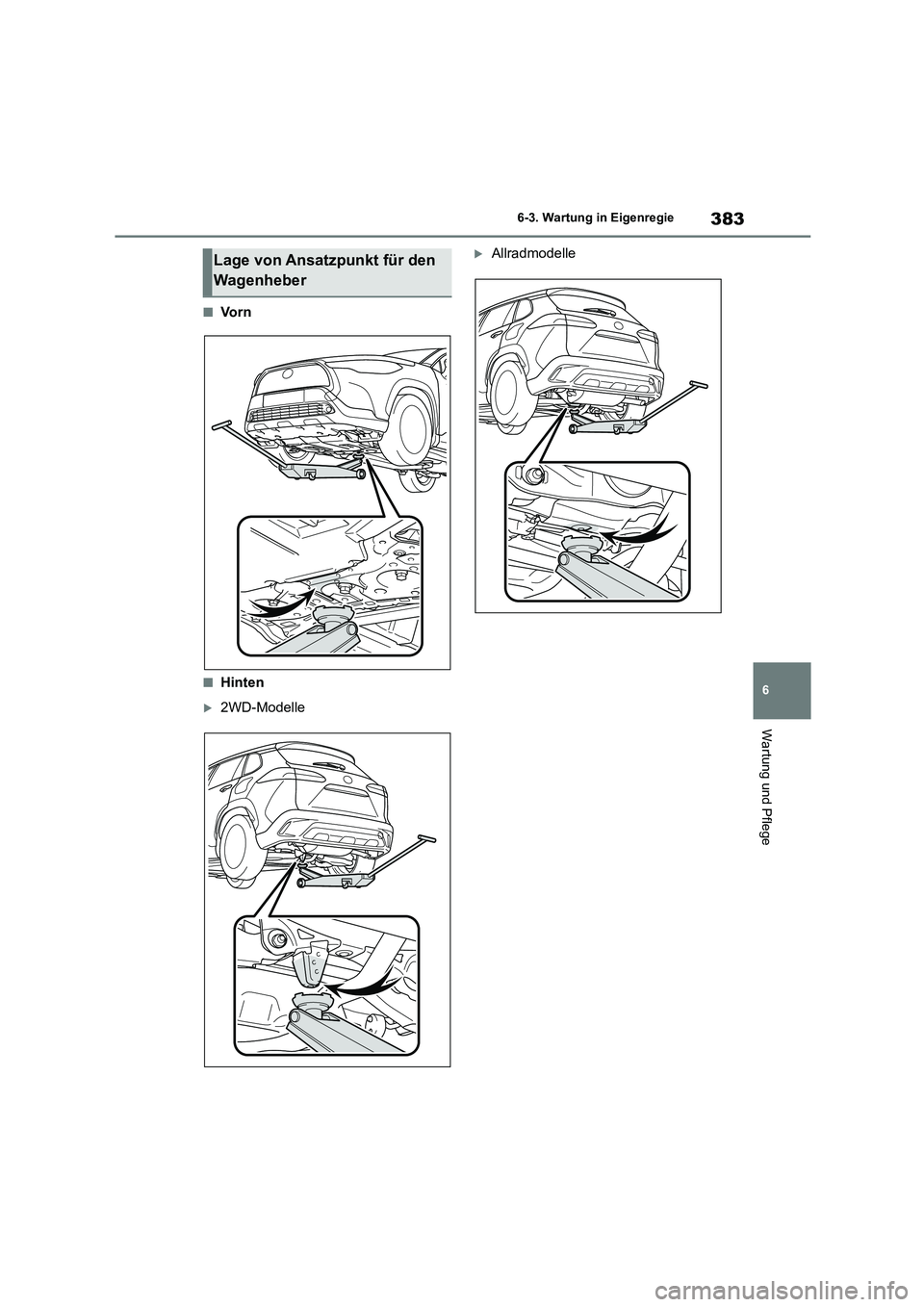 TOYOTA COROLLA CROSS 2023  Betriebsanleitungen (in German) 383
6 
6-3. Wartung in Eigenregie
Wartung und Pflege
■Vo r n
■Hinten
2WD-Modelle
AllradmodelleLage von Ansatzpunkt für den  
Wagenheber 