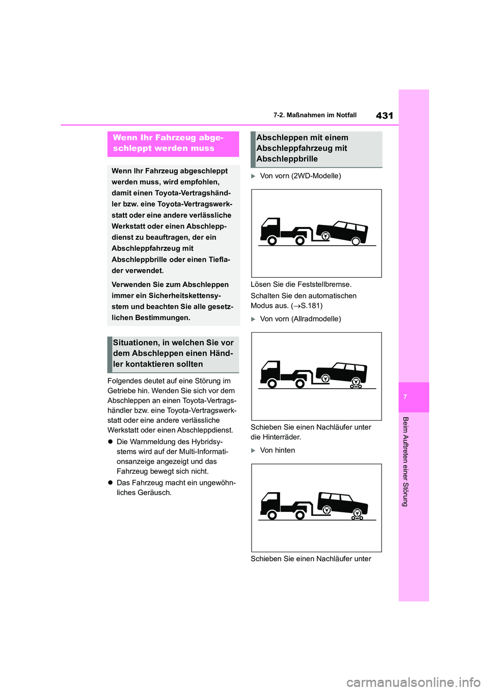 TOYOTA COROLLA CROSS 2023 Betriebsanleitungen (in German) 431
7
7-2. Maßnahmen im Notfall
Beim Auftreten einer Störung
7-2.Maßnahmen im Notfall
Folgendes deutet auf eine Störung im
Getriebe hin. Wenden Sie sich vor dem
Abschleppen an einen Toyota-Ver TOYOTA COROLLA CROSS 2023 Betriebsanleitungen (in German) 431
7
7-2. Maßnahmen im Notfall
Beim Auftreten einer Störung
7-2.Maßnahmen im Notfall
Folgendes deutet auf eine Störung im
Getriebe hin. Wenden Sie sich vor dem
Abschleppen an einen Toyota-Ver