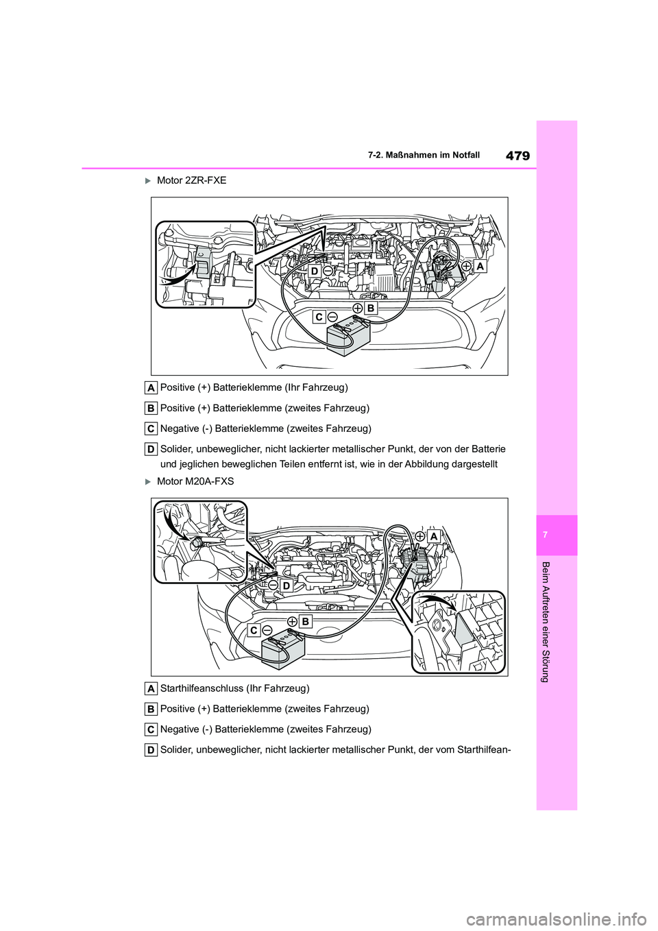 TOYOTA COROLLA CROSS 2023  Betriebsanleitungen (in German) 479
7 
7-2. Maßnahmen im Notfall
Beim Auftreten einer Störung
Motor 2ZR-FXE 
Positive (+) Batteriekl emme (Ihr Fahrzeug) 
Positive (+) Batterieklemme (zweites Fahrzeug) 
Negative (-) Batteriekle 