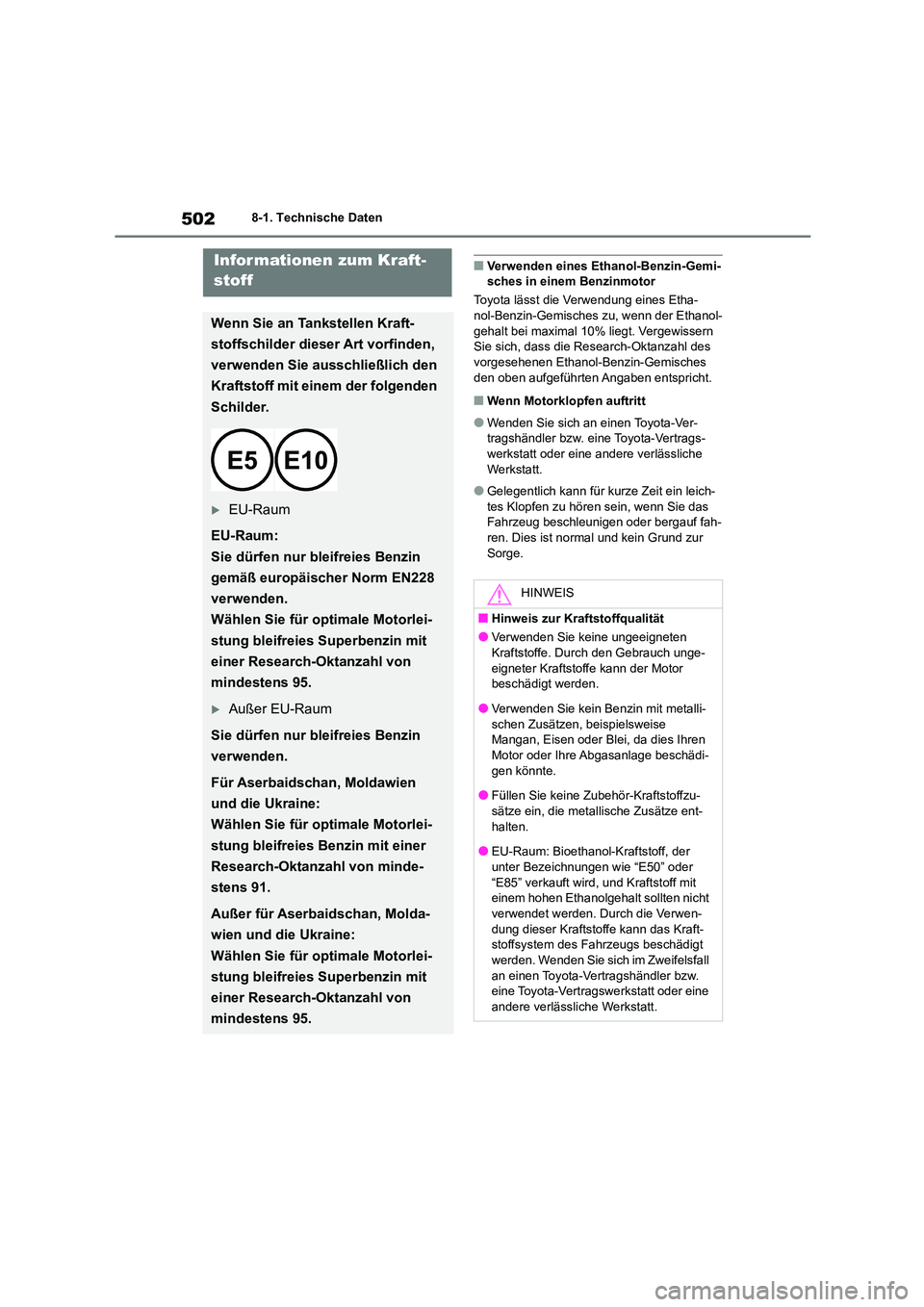 TOYOTA COROLLA CROSS 2023 Betriebsanleitungen (in German) 5028-1. Technische Daten
■Verwenden eines Ethanol-Benzin-Gemi- sches in einem Benzinmotor
Toyota lässt die Verwendung eines Etha-
nol-Benzin-Gemisches zu, wenn der Ethanol-
gehalt bei maximal 10% TOYOTA COROLLA CROSS 2023 Betriebsanleitungen (in German) 5028-1. Technische Daten
■Verwenden eines Ethanol-Benzin-Gemi- sches in einem Benzinmotor
Toyota lässt die Verwendung eines Etha-
nol-Benzin-Gemisches zu, wenn der Ethanol-
gehalt bei maximal 10%