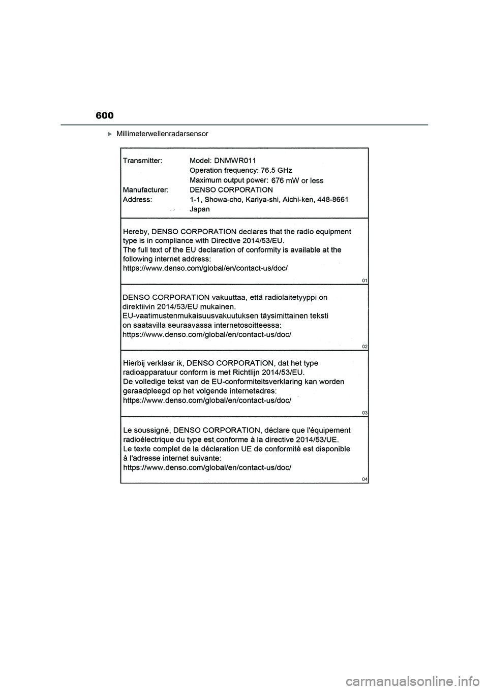 TOYOTA COROLLA CROSS 2023  Betriebsanleitungen (in German) 600
Millimeterwellenradarsensor 