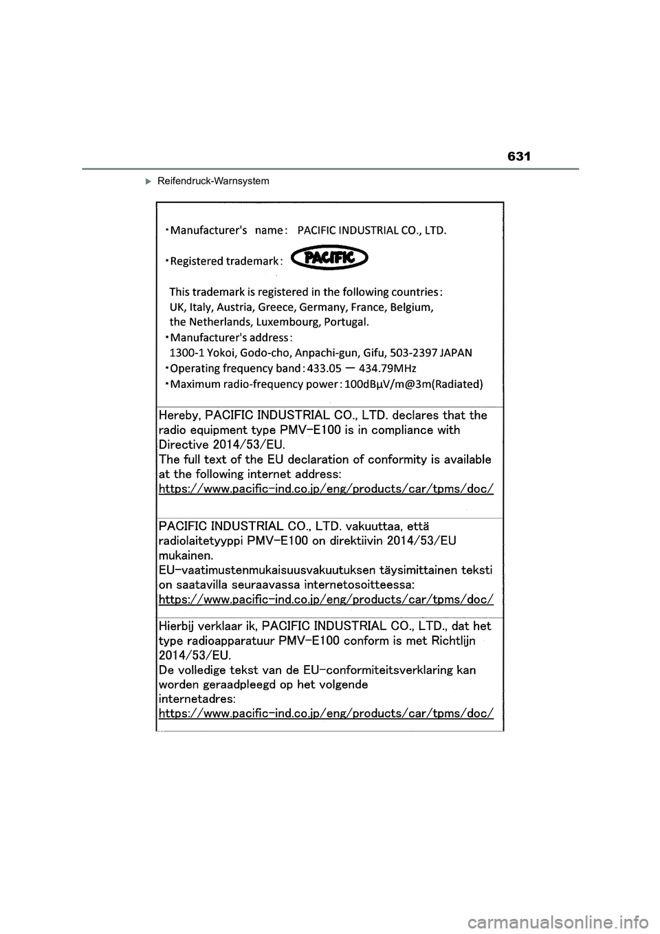 TOYOTA COROLLA CROSS 2023  Betriebsanleitungen (in German) 631
Reifendruck-Warnsystem 