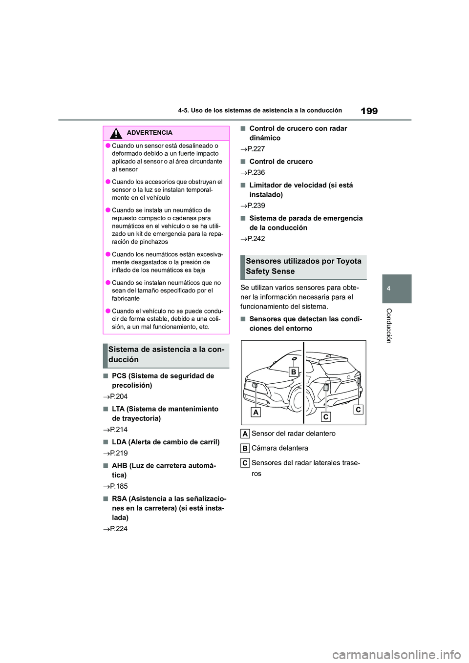 TOYOTA COROLLA CROSS 2023 Manual del propietario (in Spanish) 199
4
4-5. Uso de los sistemas de asistencia a la conducción
Conducción
■PCS (Sistema de seguridad de
precolisión)
P.204
■LTA (Sistema de mantenimiento
de trayectoria)
P.214
■L TOYOTA COROLLA CROSS 2023 Manual del propietario (in Spanish) 199
4
4-5. Uso de los sistemas de asistencia a la conducción
Conducción
■PCS (Sistema de seguridad de
precolisión)
P.204
■LTA (Sistema de mantenimiento
de trayectoria)
P.214
■L