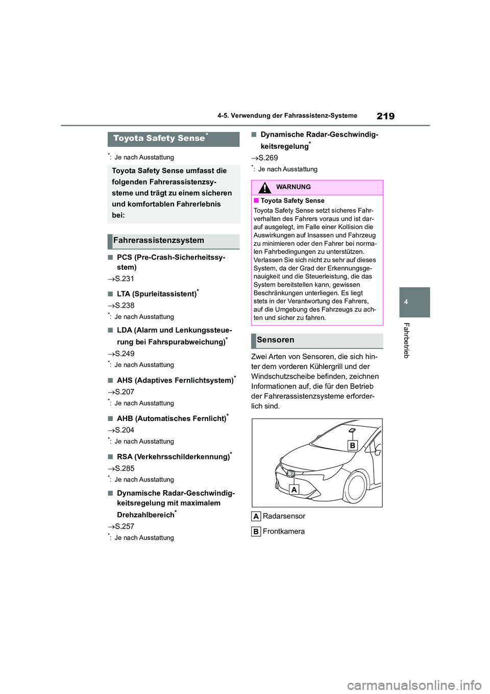 TOYOTA COROLLA HATCHBACK 2023  Betriebsanleitungen (in German) 219
4 
4-5. Verwendung der Fahrassistenz-Systeme
Fahrbetrieb
4-5.Verwendung der Fahrassistenz-Systeme
*: Je nach Ausstattung
■PCS (Pre-Crash-Sicherheitssy- 
stem) 
 S.231
■LTA (Spurleitassisten